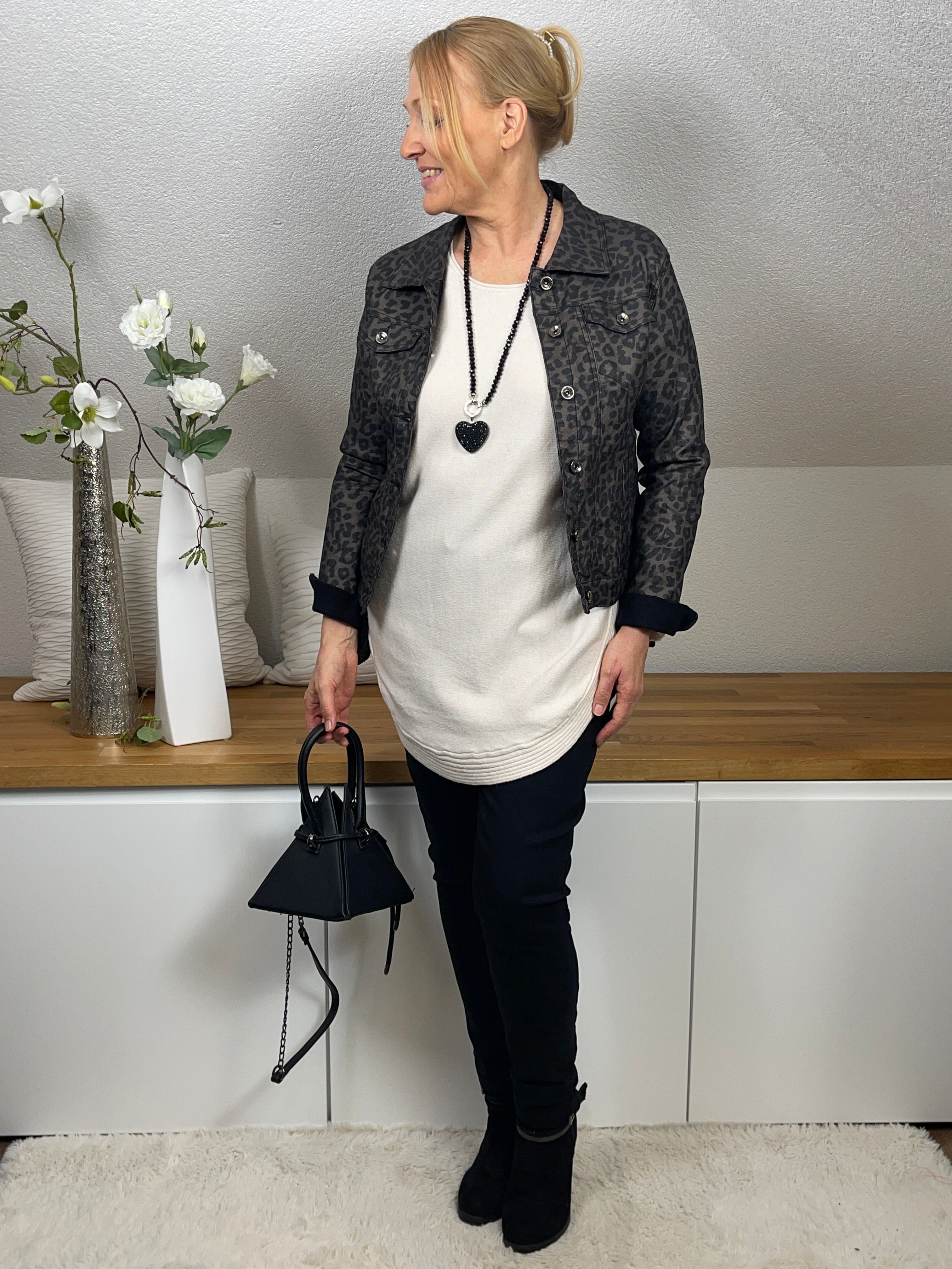 Elegante Hochwertige Damen Kunstleder - Jacke „Animal Print“ Gr. 36 - 44 in taupe - anthrazit - schwarz