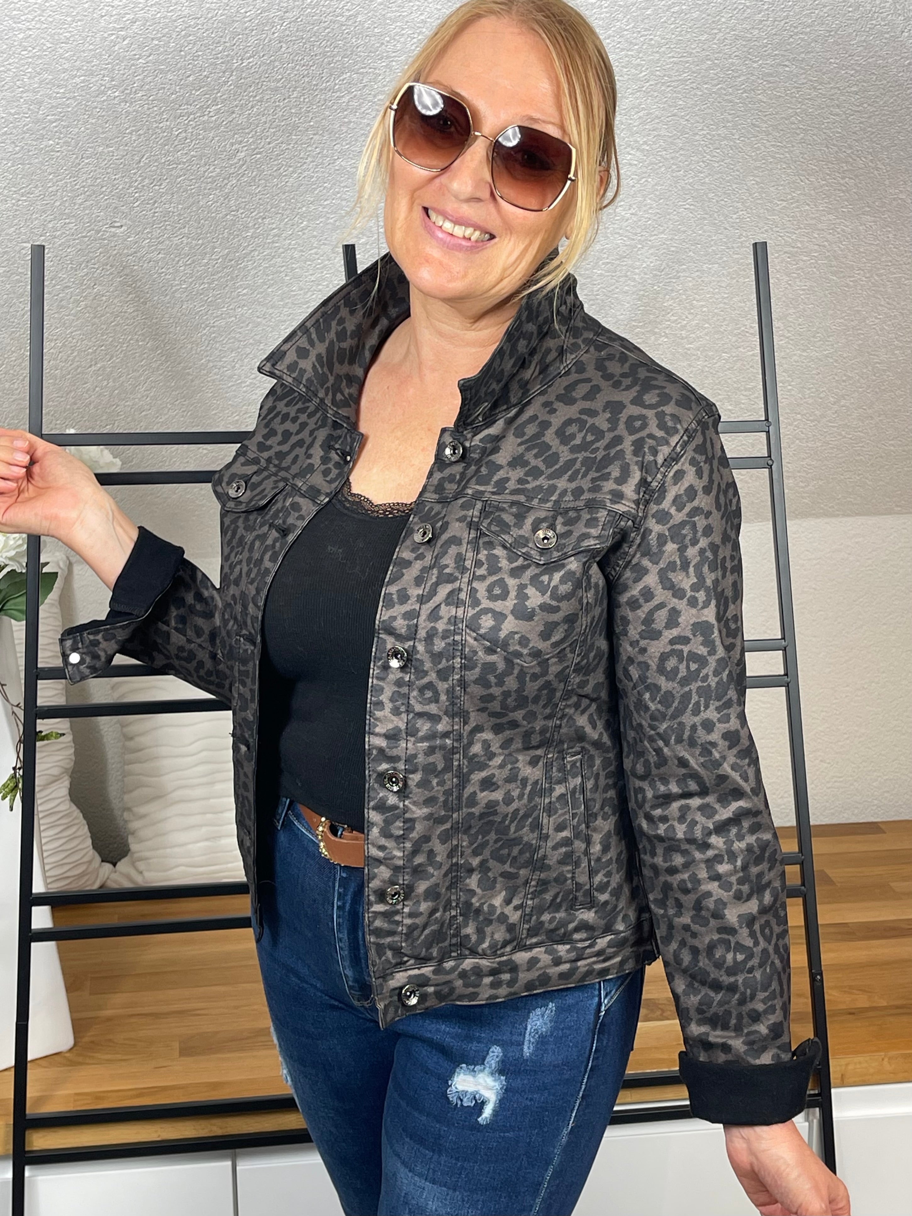 Elegante Hochwertige Damen Kunstleder - Jacke „Animal Print“ Gr. 36 - 44 in taupe - anthrazit - schwarz