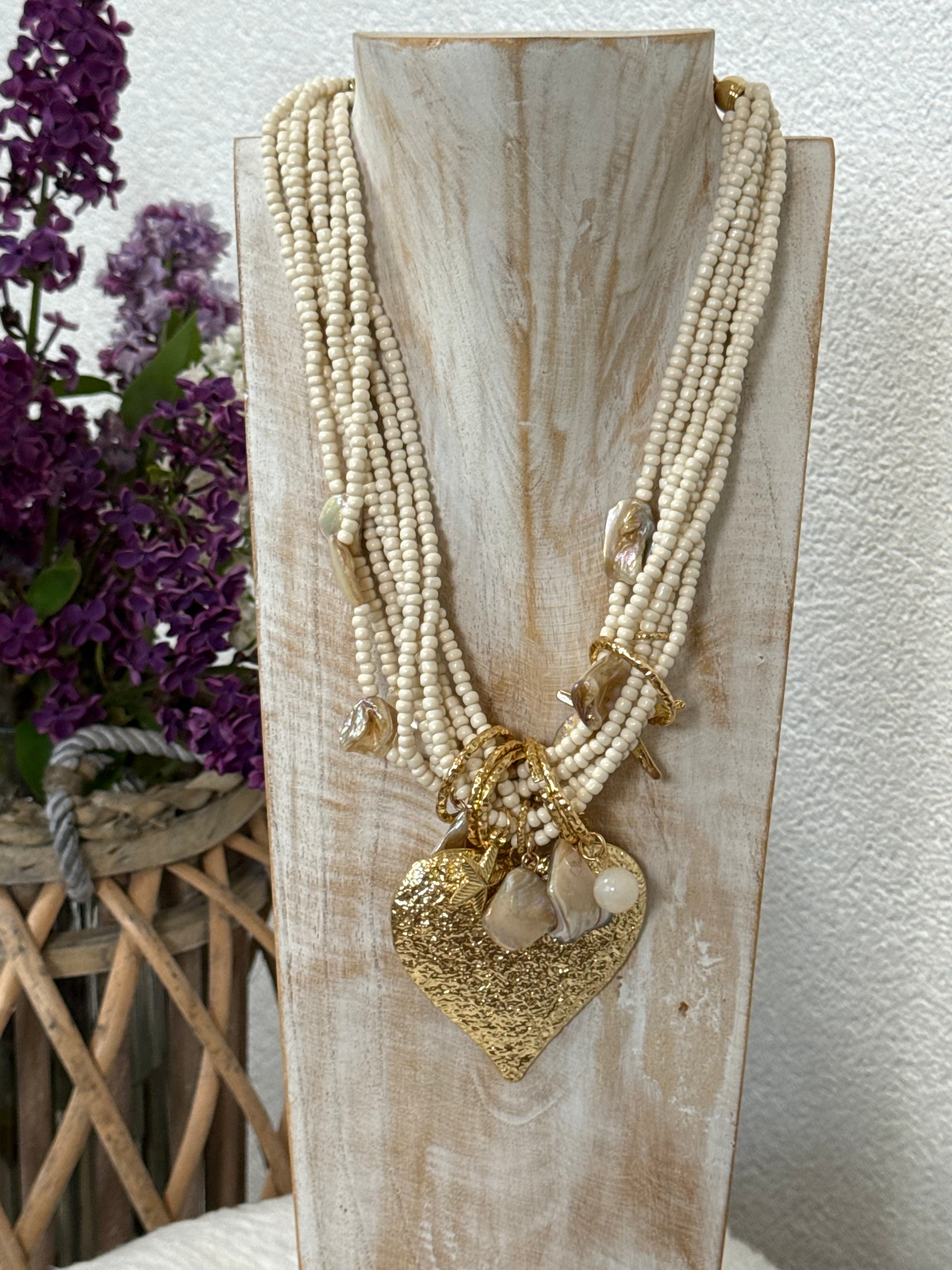 Boho - Muschel - Perlen - Kette in weiß - gold in 3 Motiven