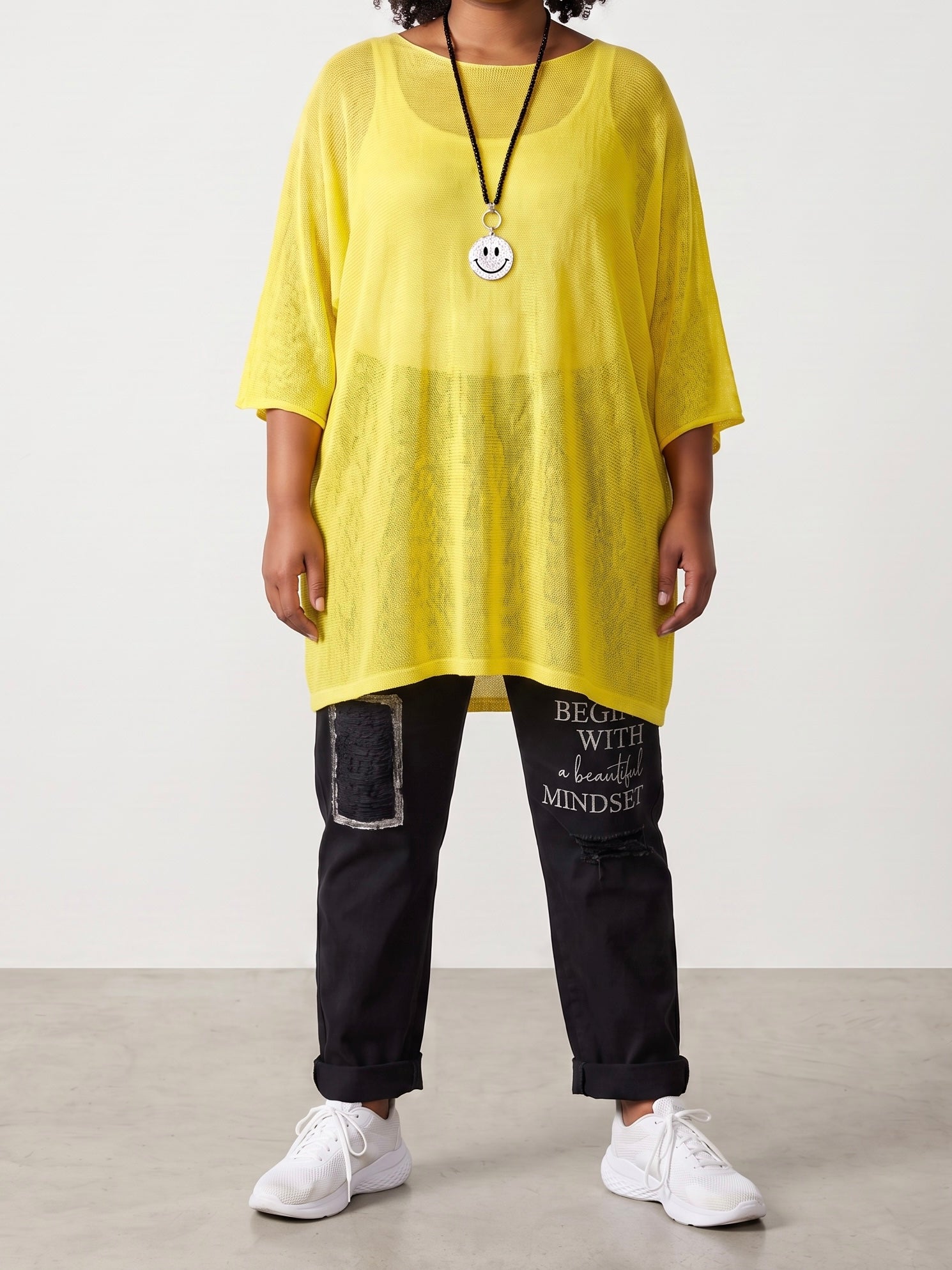 Weiter super leichter Feinstrick Pullover mit 3/4 Arm in gelb