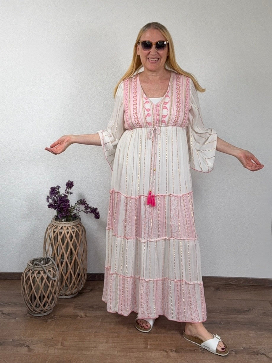 „Boho“ Maxi - Kleid mit Stickerei Einheitsgröße Gr. 38 - 44 in creme - rose