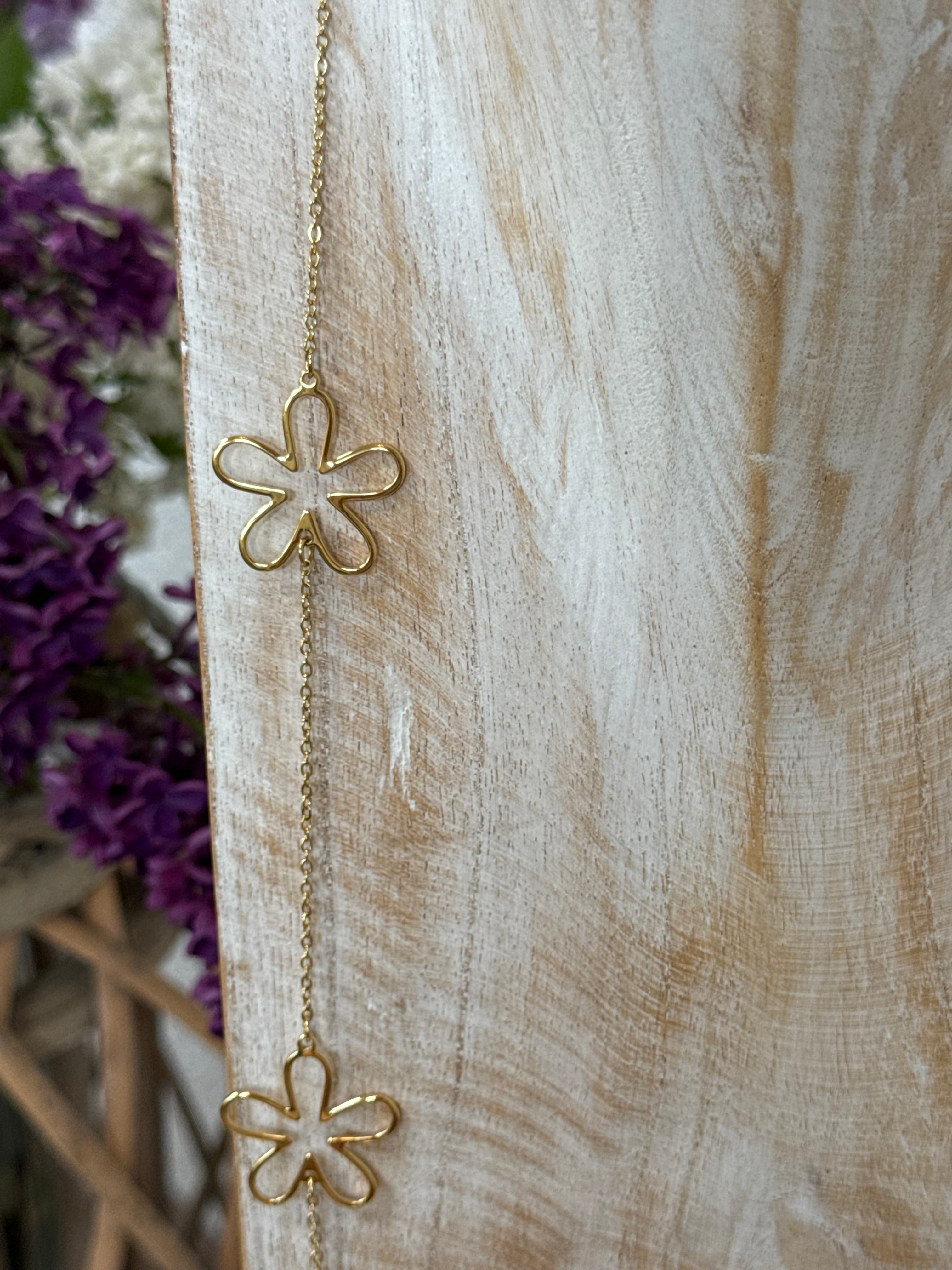 Lange Edelstahl - Glieder - Kette „Blüten“ in gold