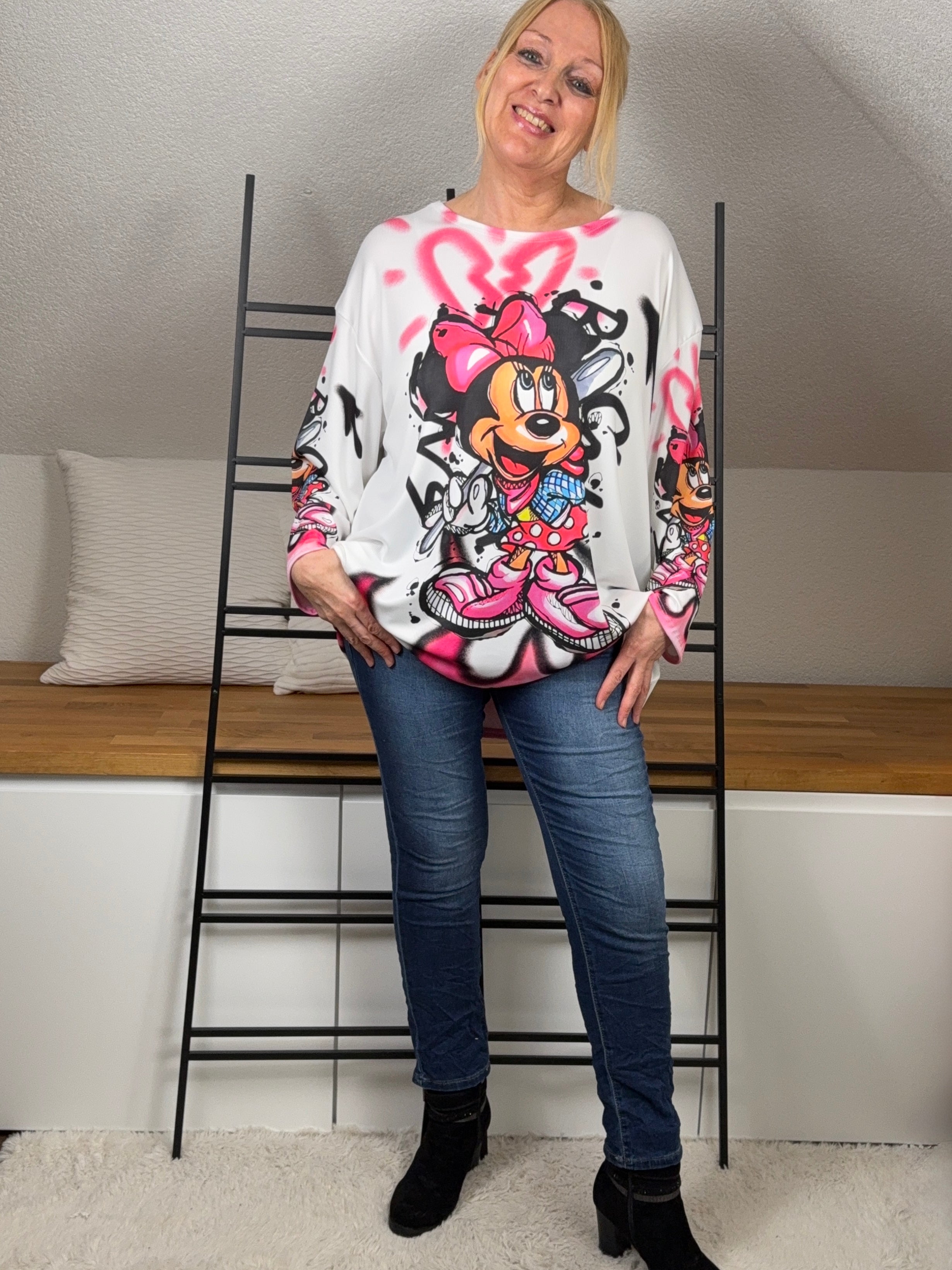 Leichter Pullover mit „Mausprint“ Einheitsgrösse Gr. 42 - 46 in weiß - pink