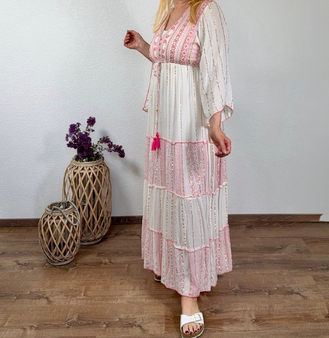 „Boho“ Maxi - Kleid mit Stickerei Einheitsgröße Gr. 38 - 44 in creme - rose