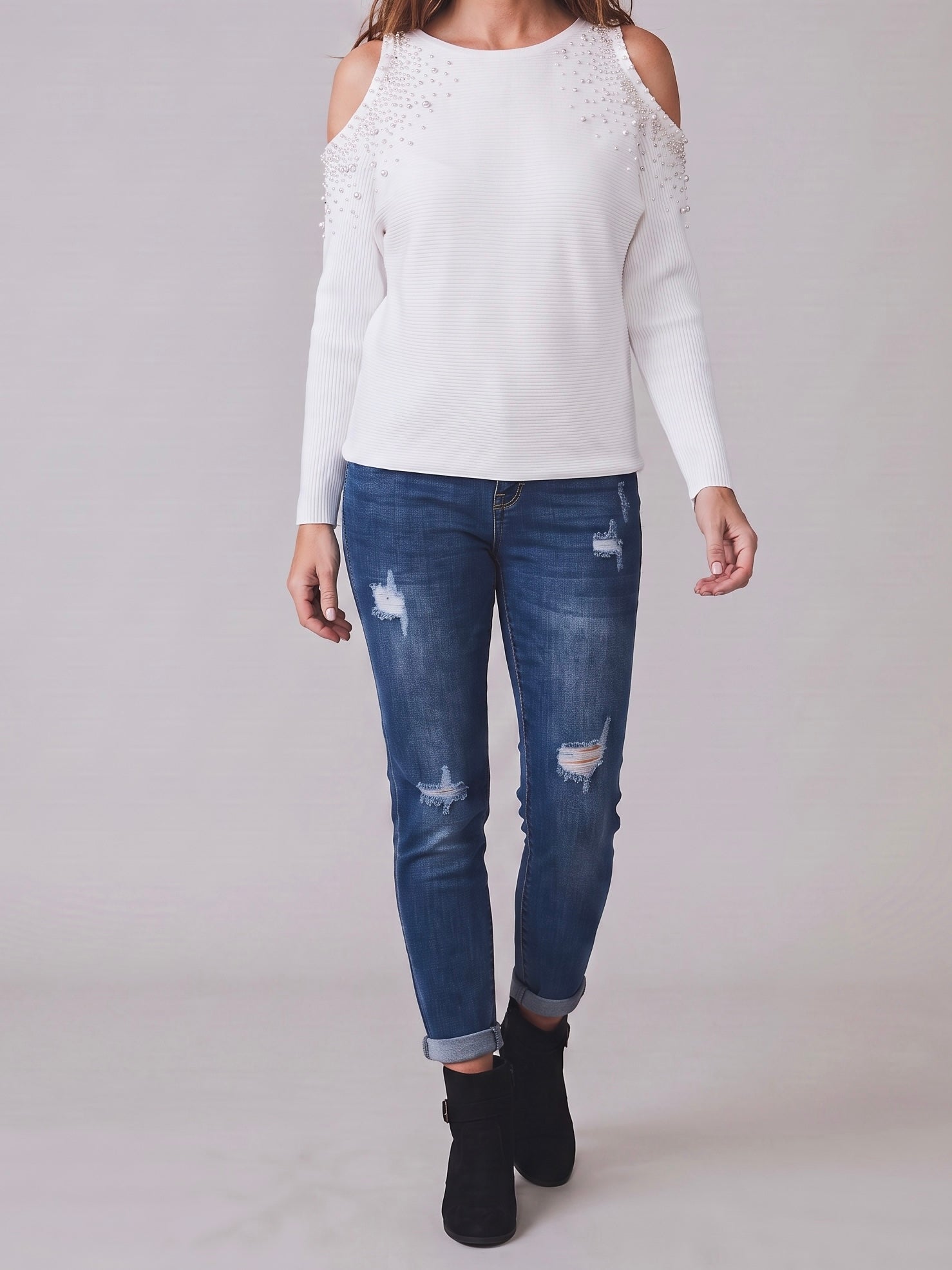Eleganter Feinstrick Off - Shoulder Pullover mit Glitzer und Pailletten in 2 Farben