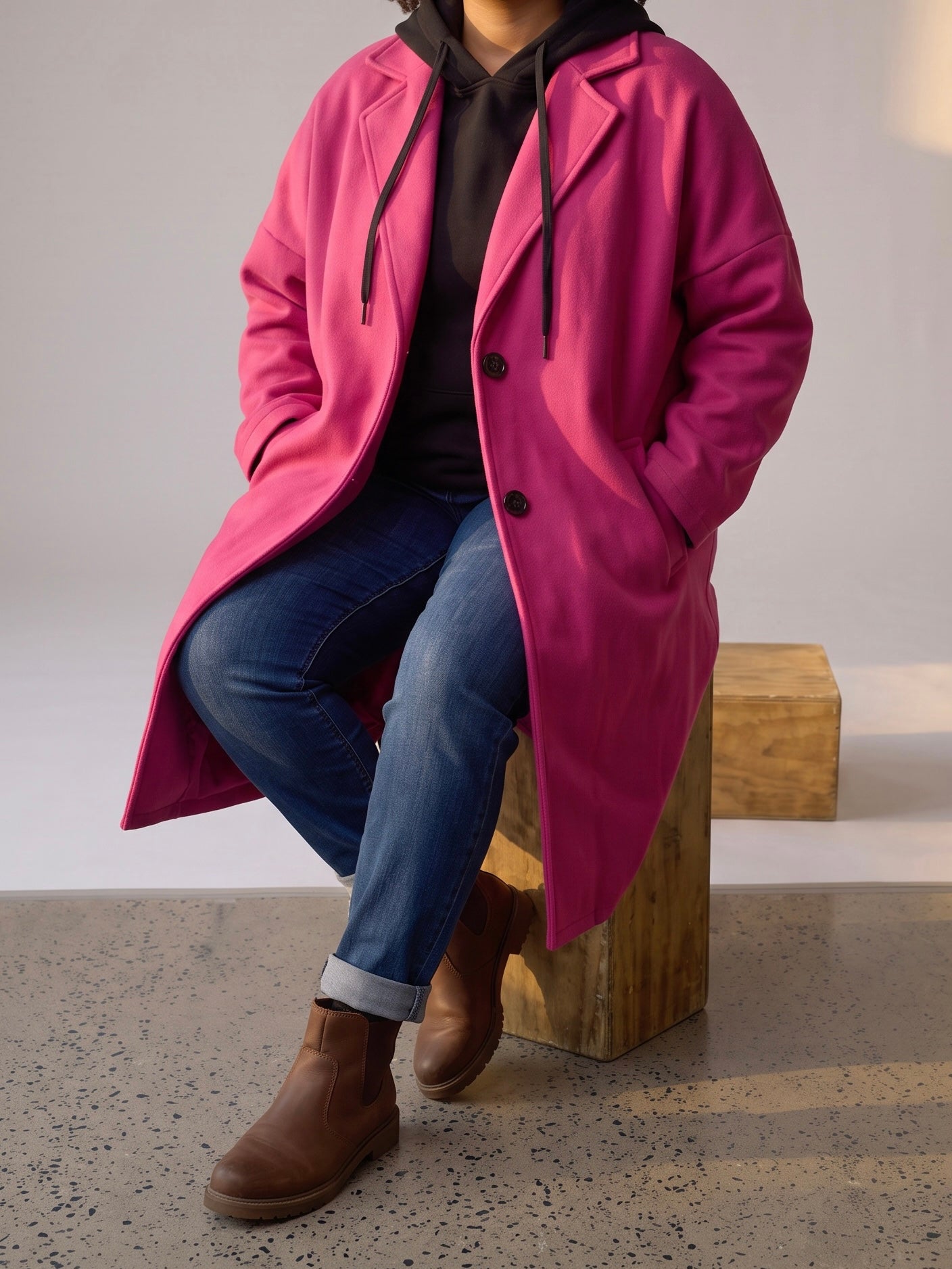 Moderner Statement - Mantel mit Kapuze 44 - 52/54 in pink - schwarz