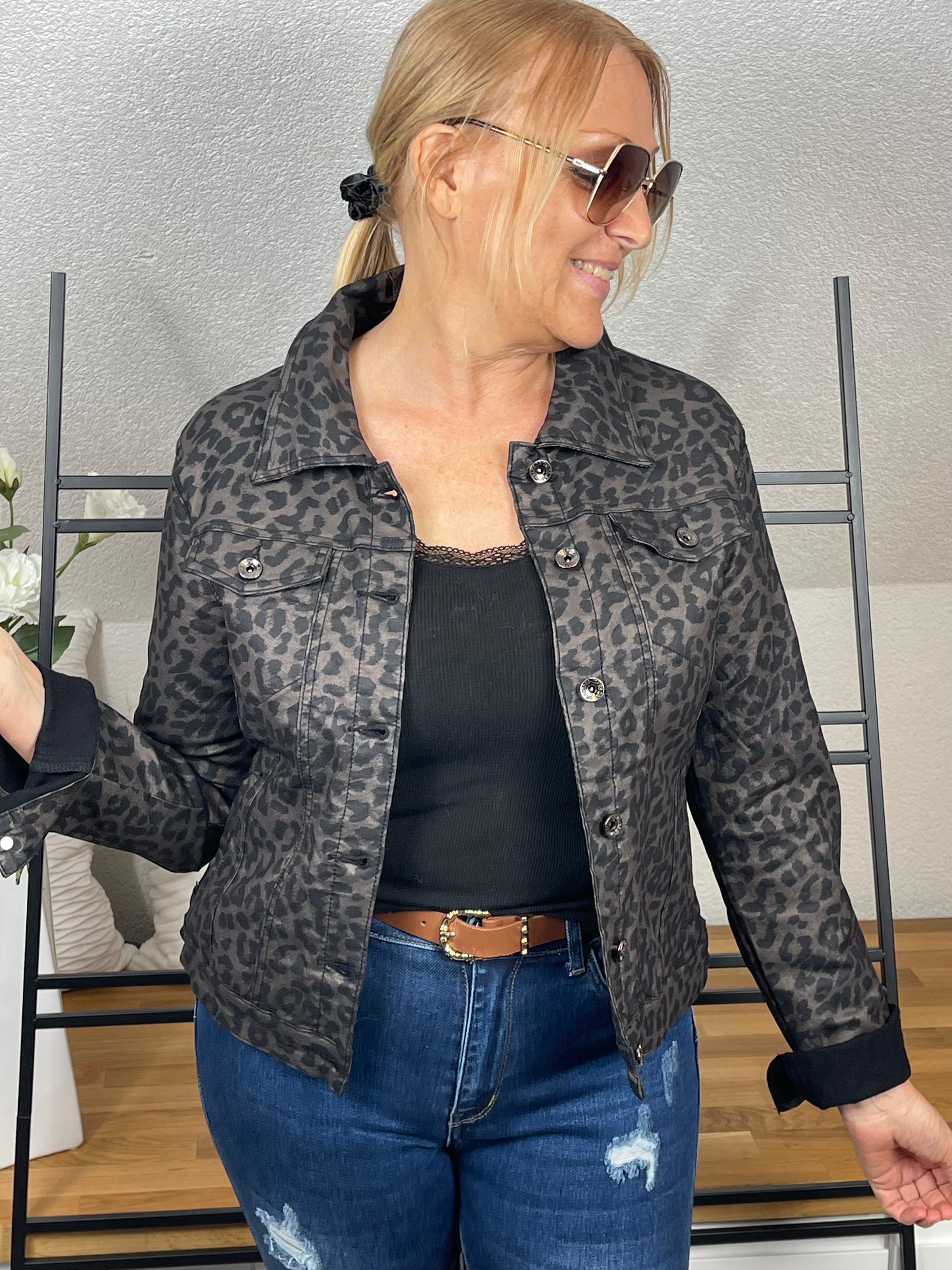 Elegante Hochwertige Damen Kunstleder - Jacke „Animal Print“ Gr. 36 - 44 in taupe - anthrazit - schwarz