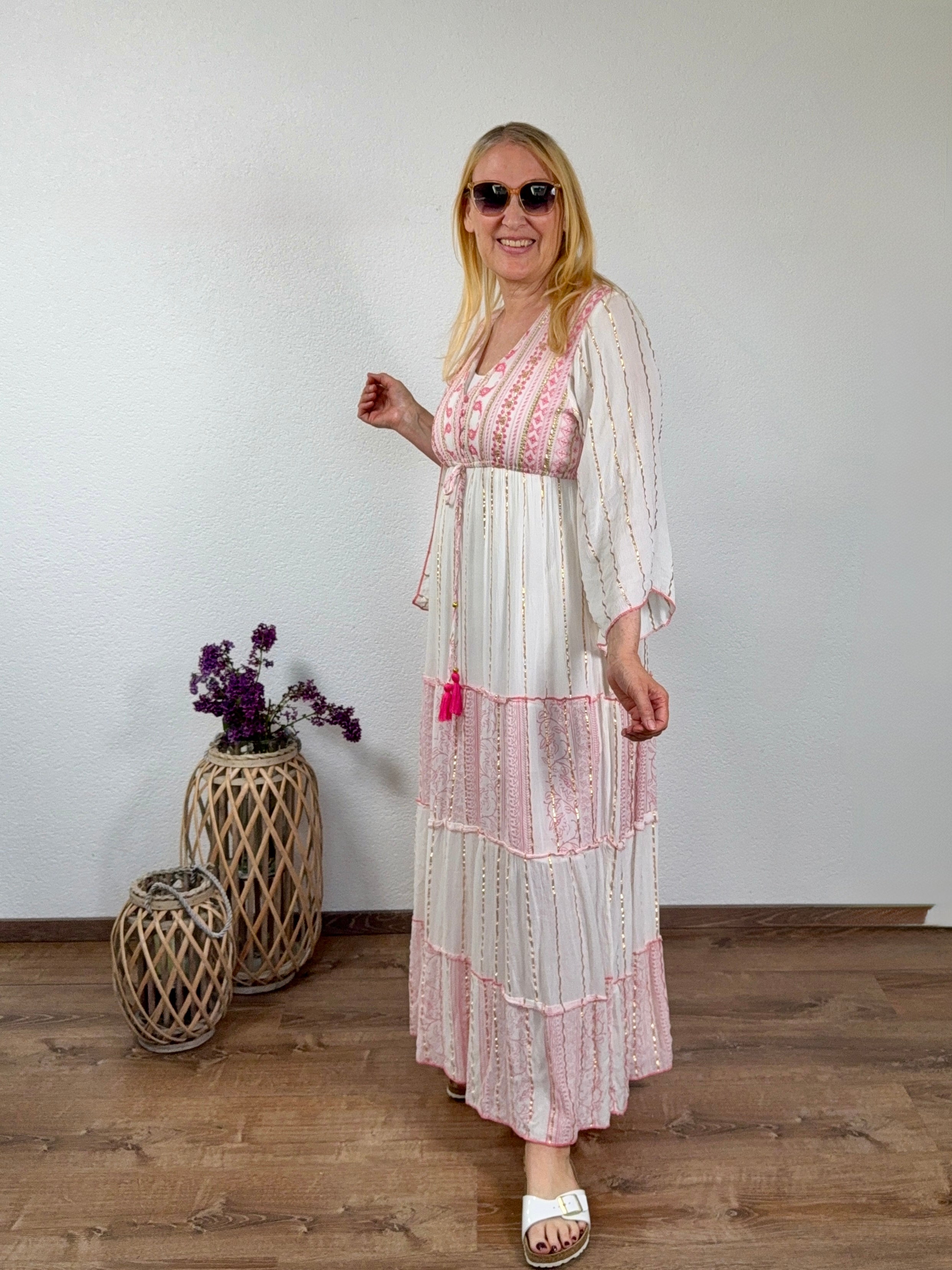 „Boho“ Maxi - Kleid mit Stickerei Einheitsgröße Gr. 38 - 44 in creme - rose