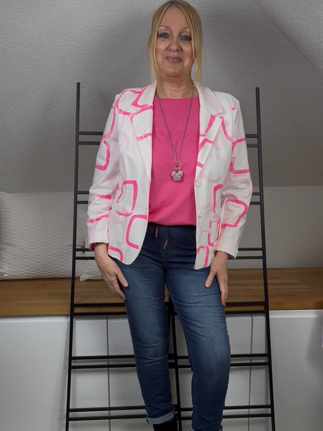 Blazer mit modernem Strukturmuster Einheitsgröße Gr. 38 - 42 in weiß - pink