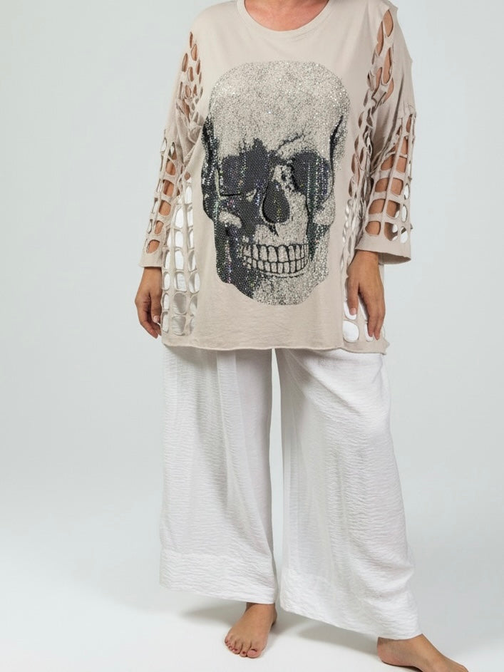 Long Shirt mit Glitzer „Skull" und Cut Out Ärmeln in 4 Farben