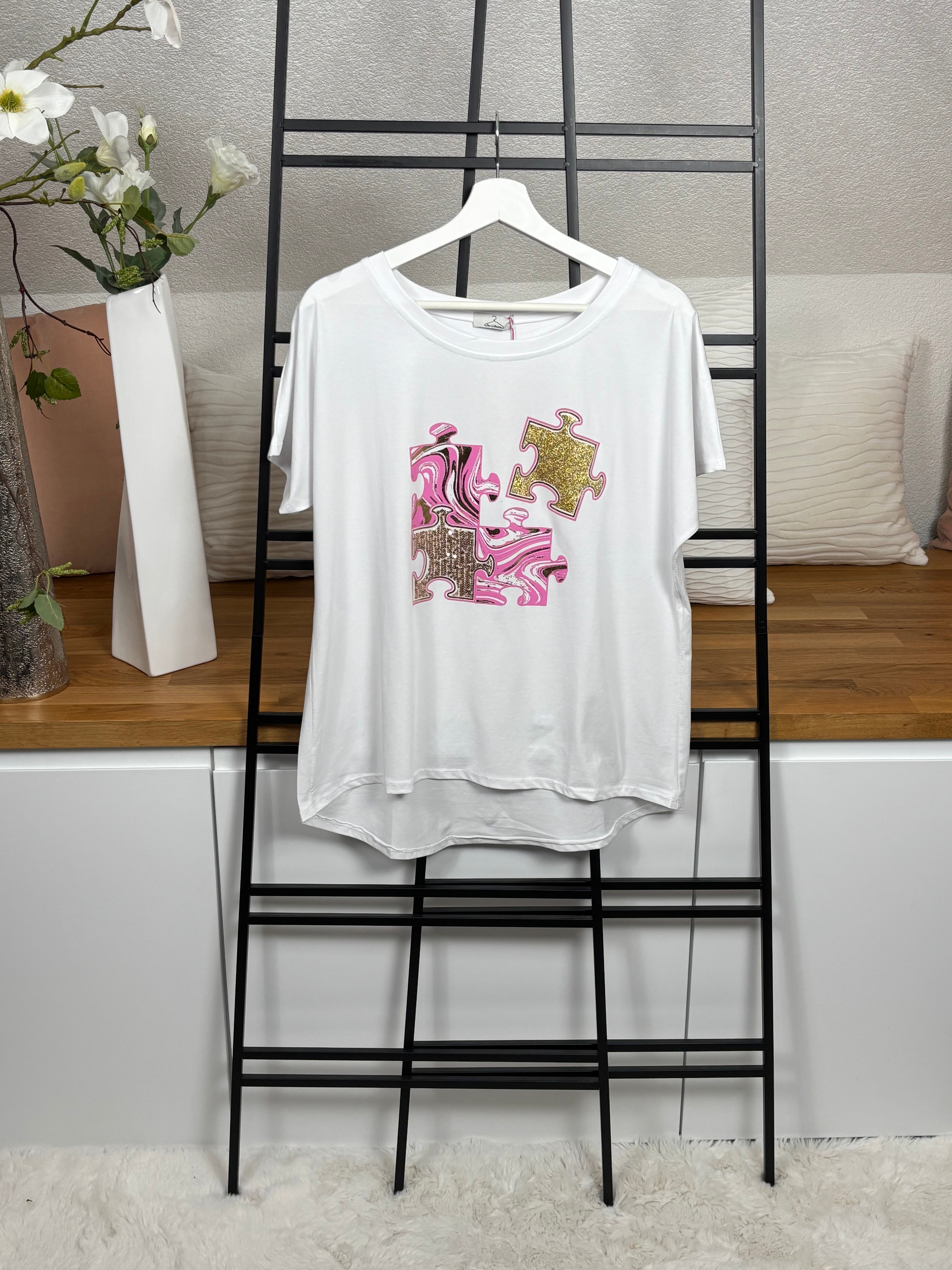 !!!!KEINE RETOURE MÖGLICH!!!! Damen - T - Shirt „Puzzle“ Einheitsgrösse Gr. 36 - 44 in weiß- bunt
