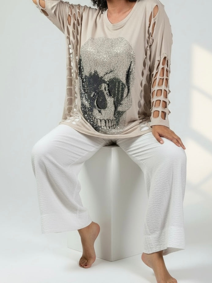 Long Shirt mit Glitzer „Skull" und Cut Out Ärmeln in 4 Farben