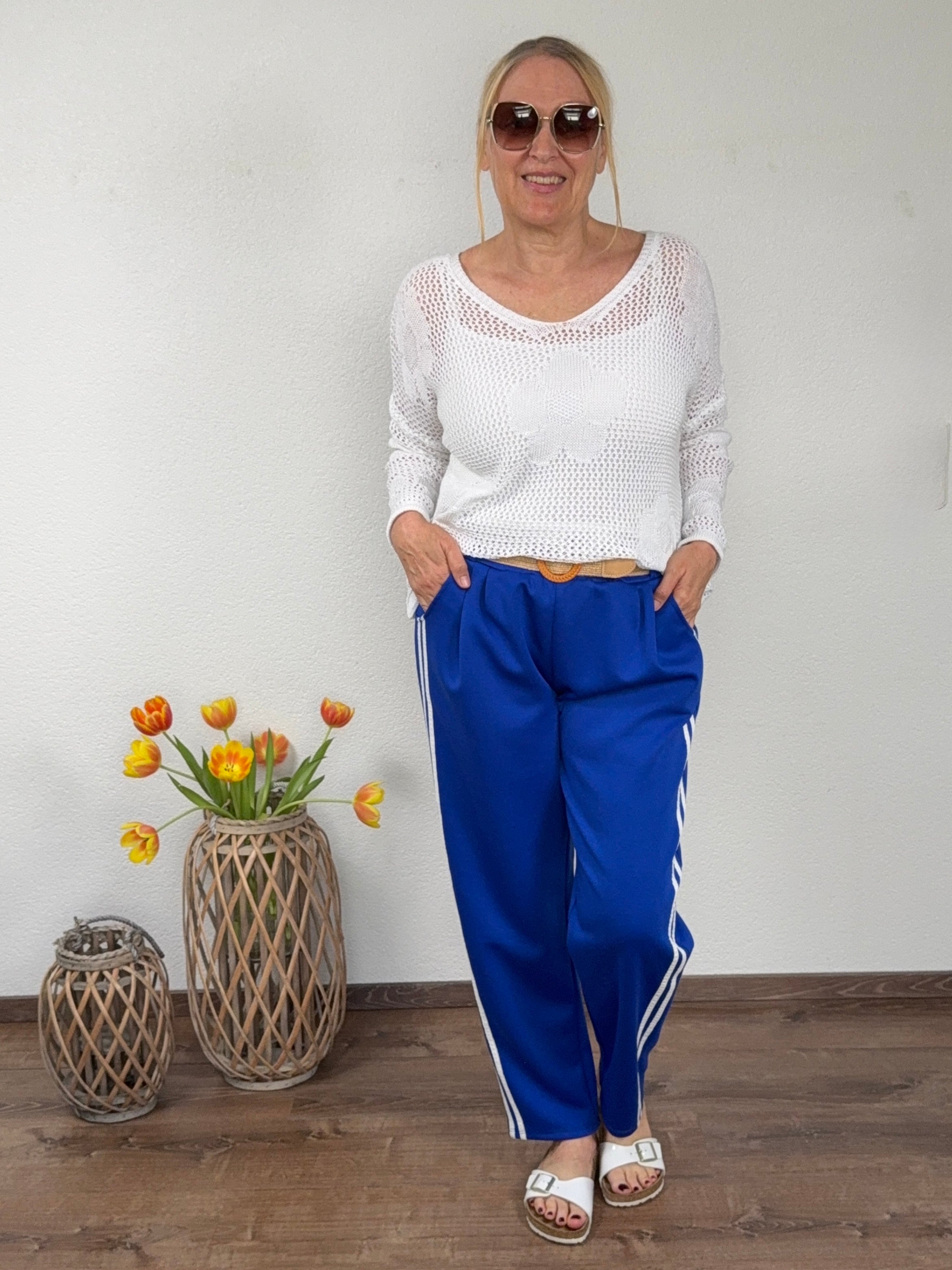 Elastische Bundfalten - Hose mit Galonstreifen in 2 Farben