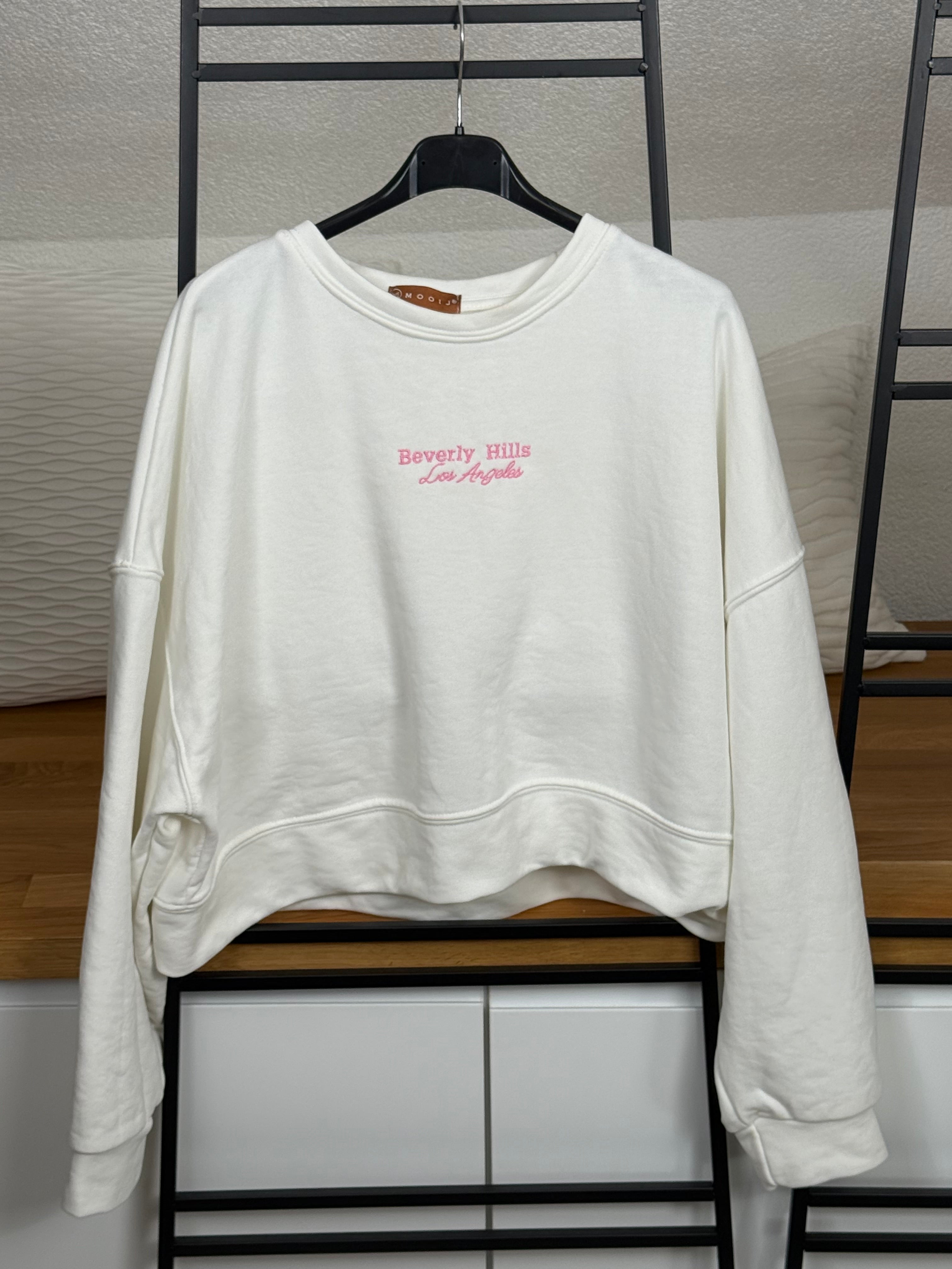Trendiger Kurz Pullover mit Schriftzug Einheitsgrösse Gr. 36 - 42 in weiß - rosa