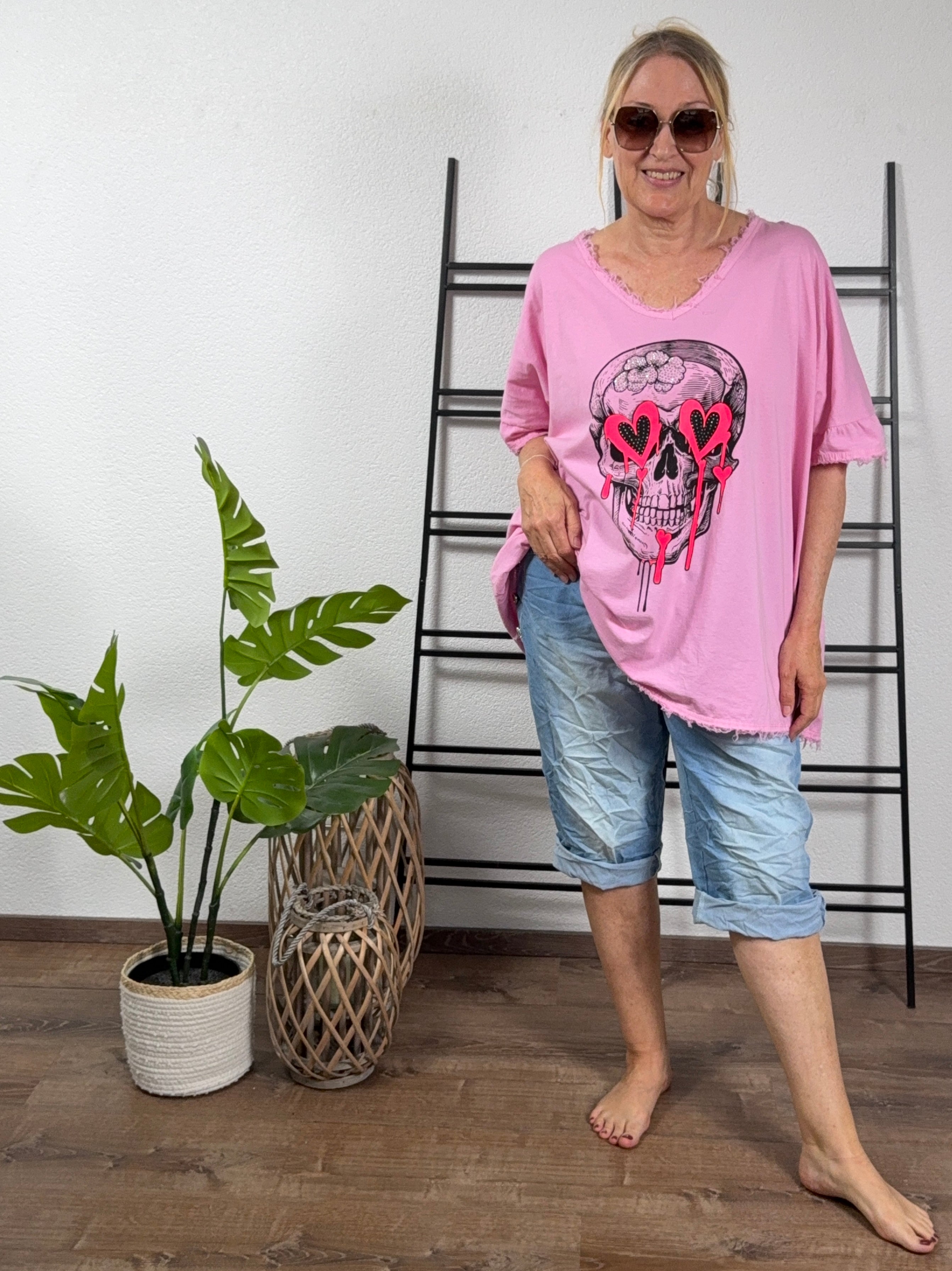 V - Shirt Kurzarm „Skull“ Einheitsgröße Gr. 42 - 48 in rosa