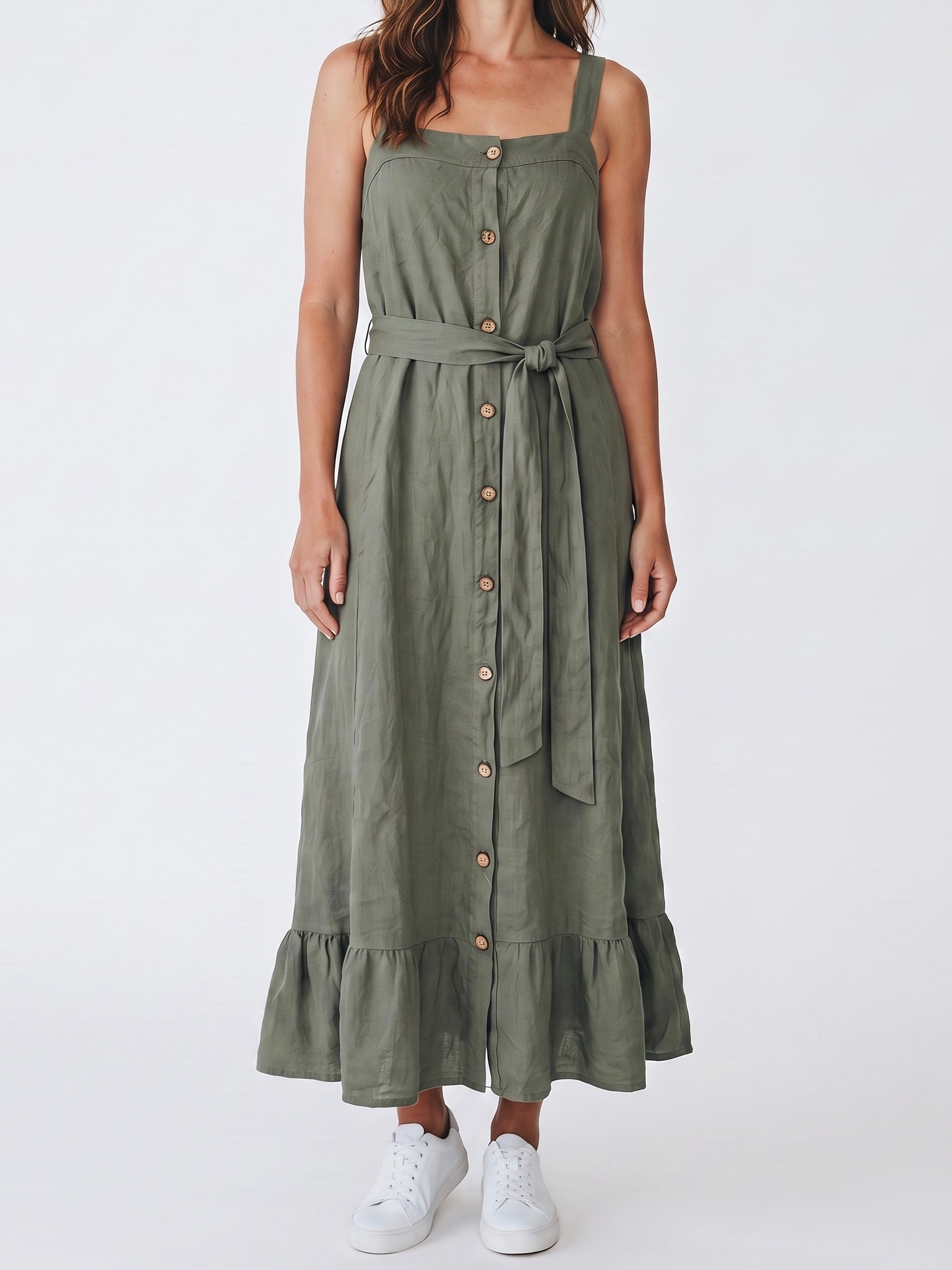 Leinenkleid mit Bindegürtel und Volant in 2 Farben