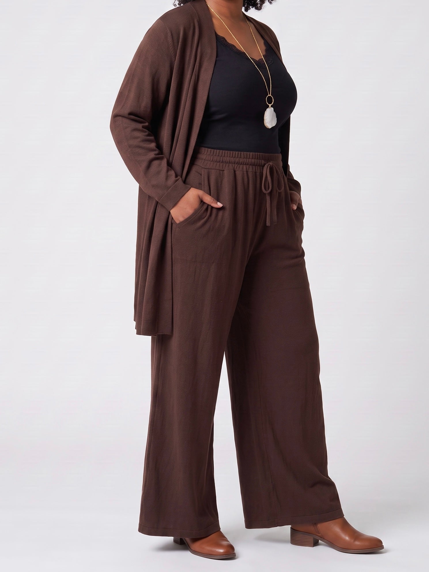 2 tlg. Feinstrick - Kombination - Hose mit elastischem Bund und Cardigan in 3 Farben