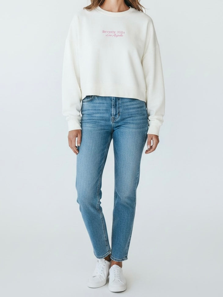 Trendiger, süßer Short - Sweater mit Schriftzug in weiß - rosa