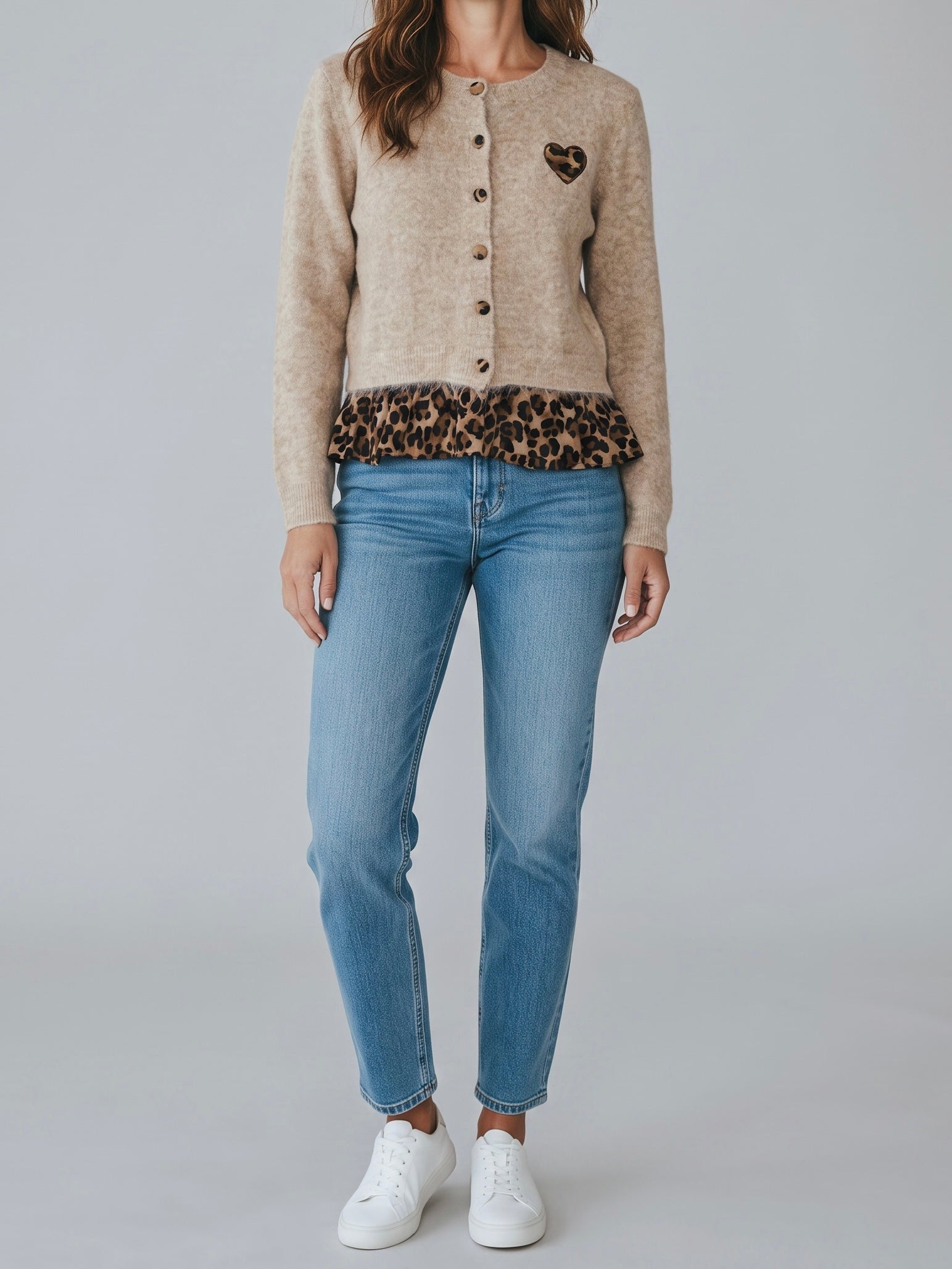 Esvivid Feinstrick - Jacke mit tollen „Animal Print“ Details in beige - melliert