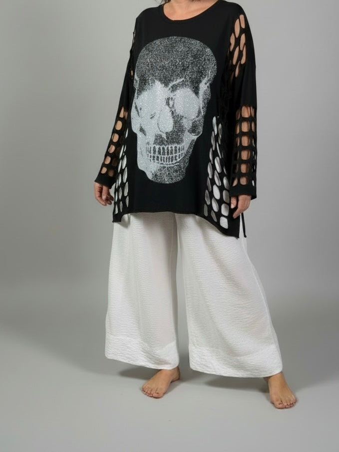 Long Shirt mit Glitzer „Skull" und Cut Out Ärmeln in 4 Farben