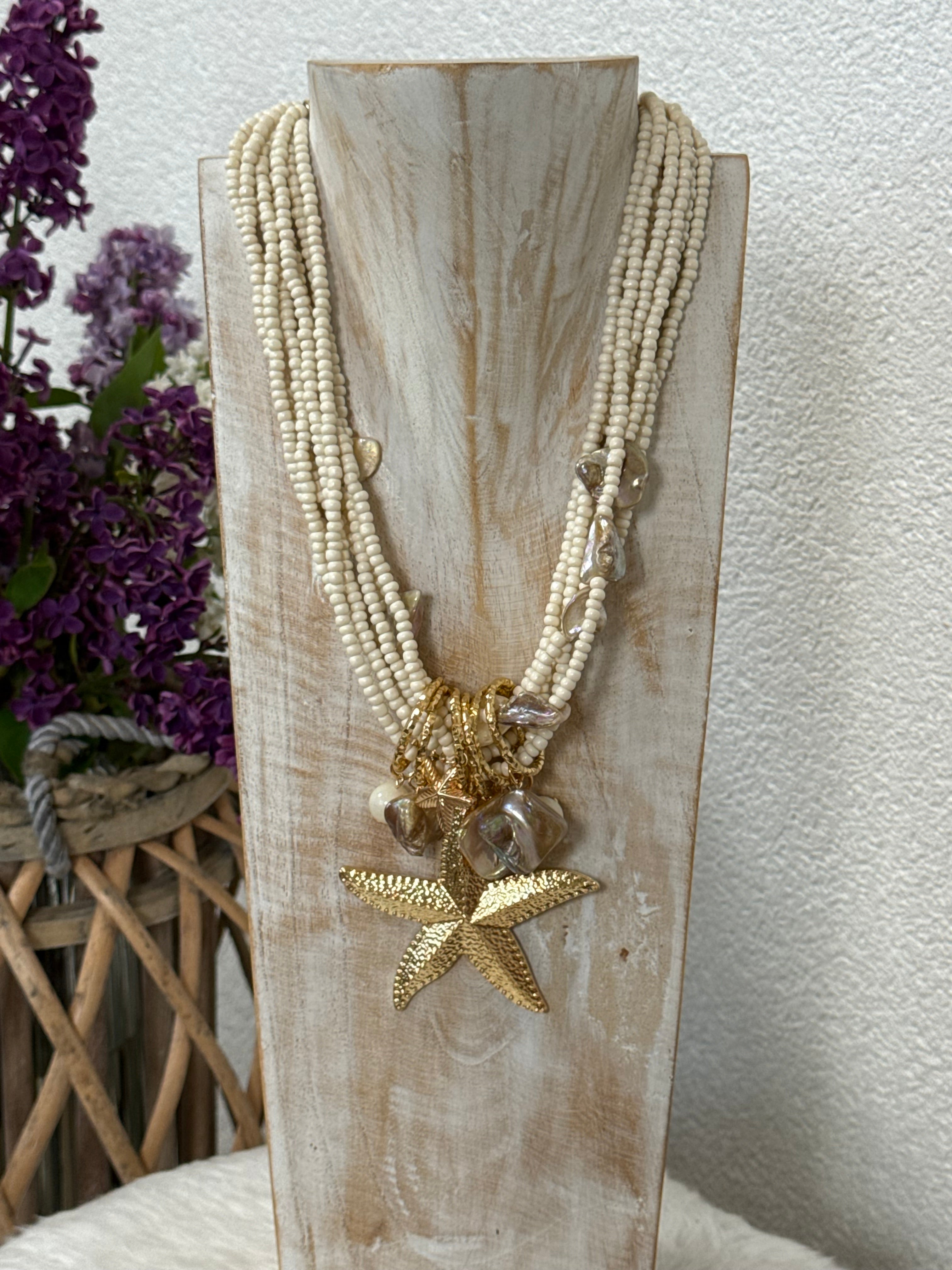 Boho - Muschel - Perlen - Kette in weiß - gold in 3 Motiven