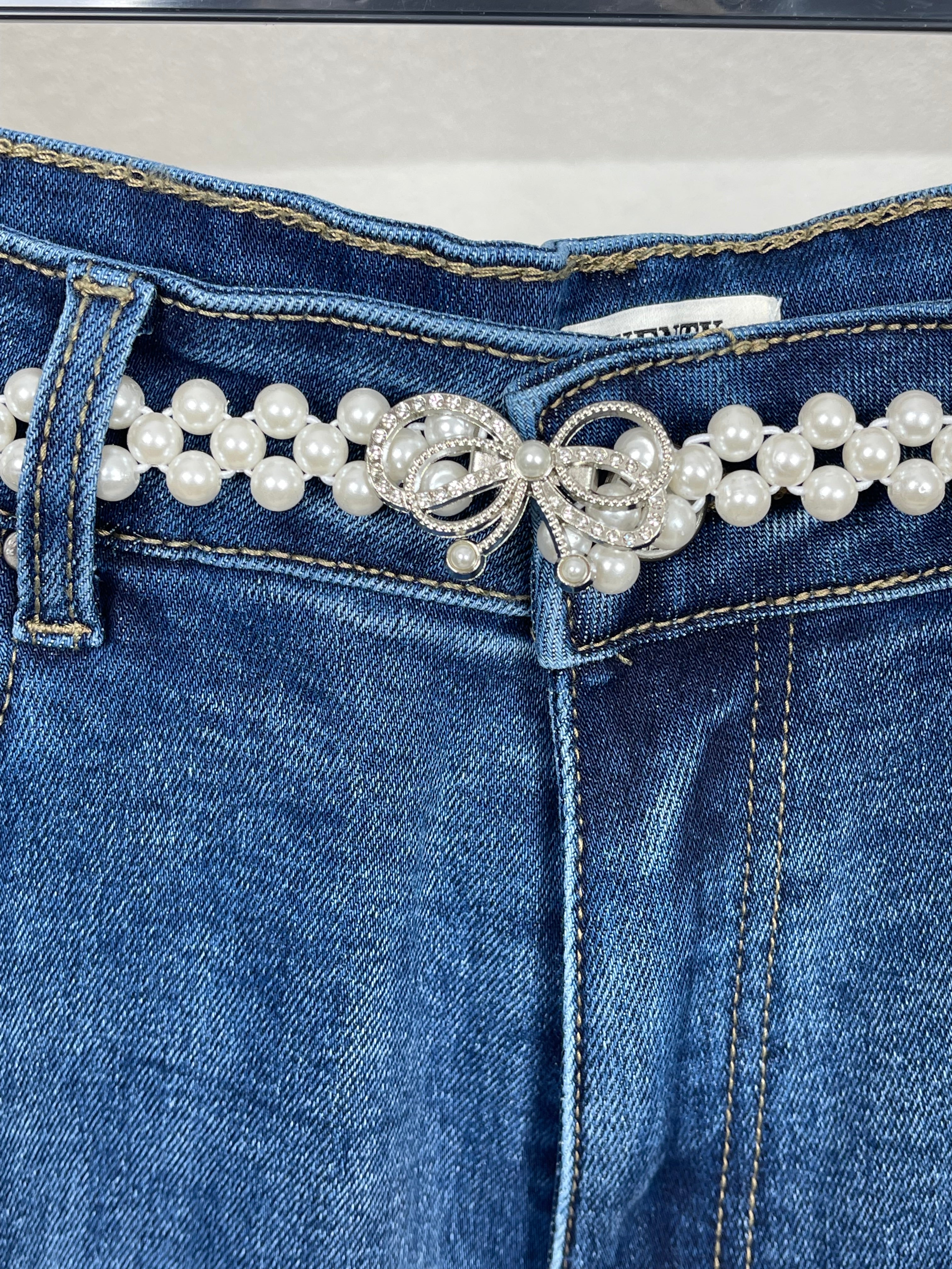 Damen Jeans mit elegantem „Perlengürtel“ Gr. 38 - 48 in blau