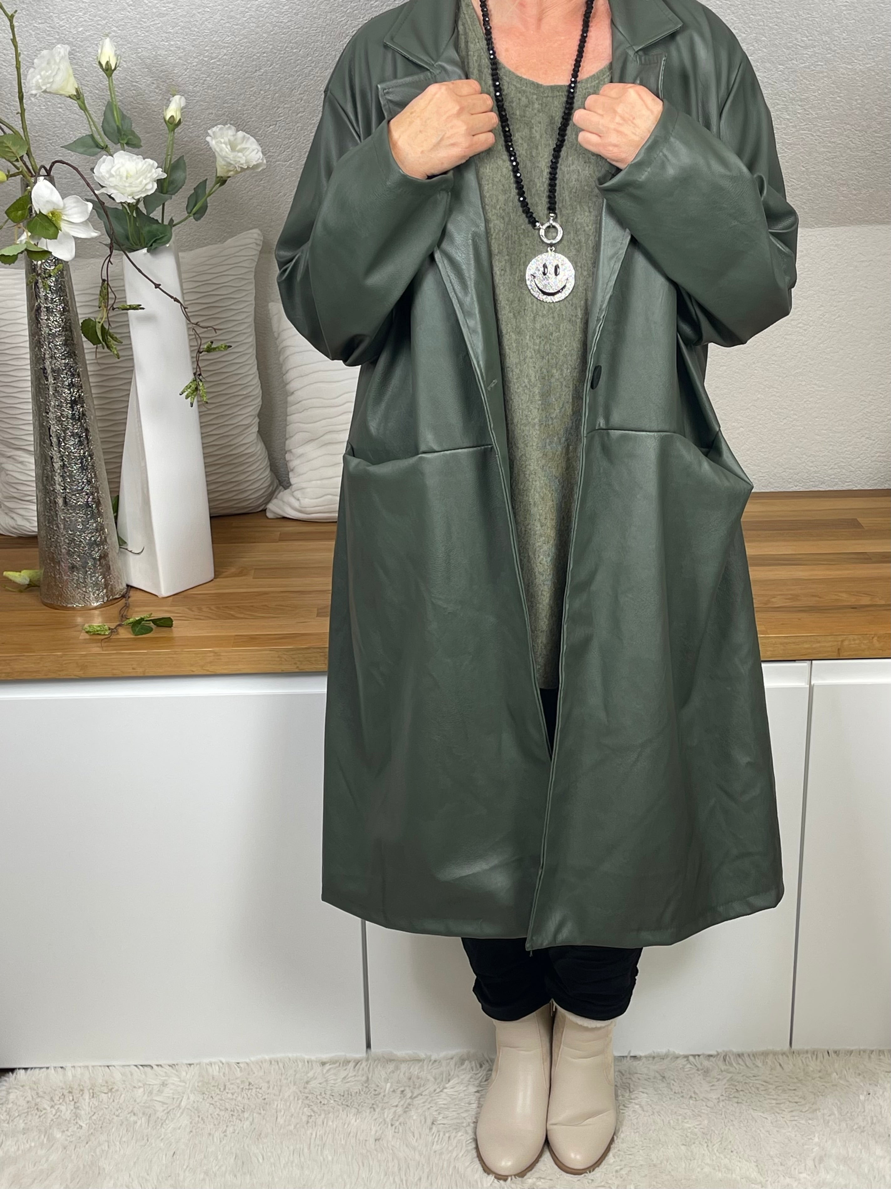 Eleganter Damen Lederimitat - Mantel Einheitsgrösse Gr. 42- 48 in 3 Farben