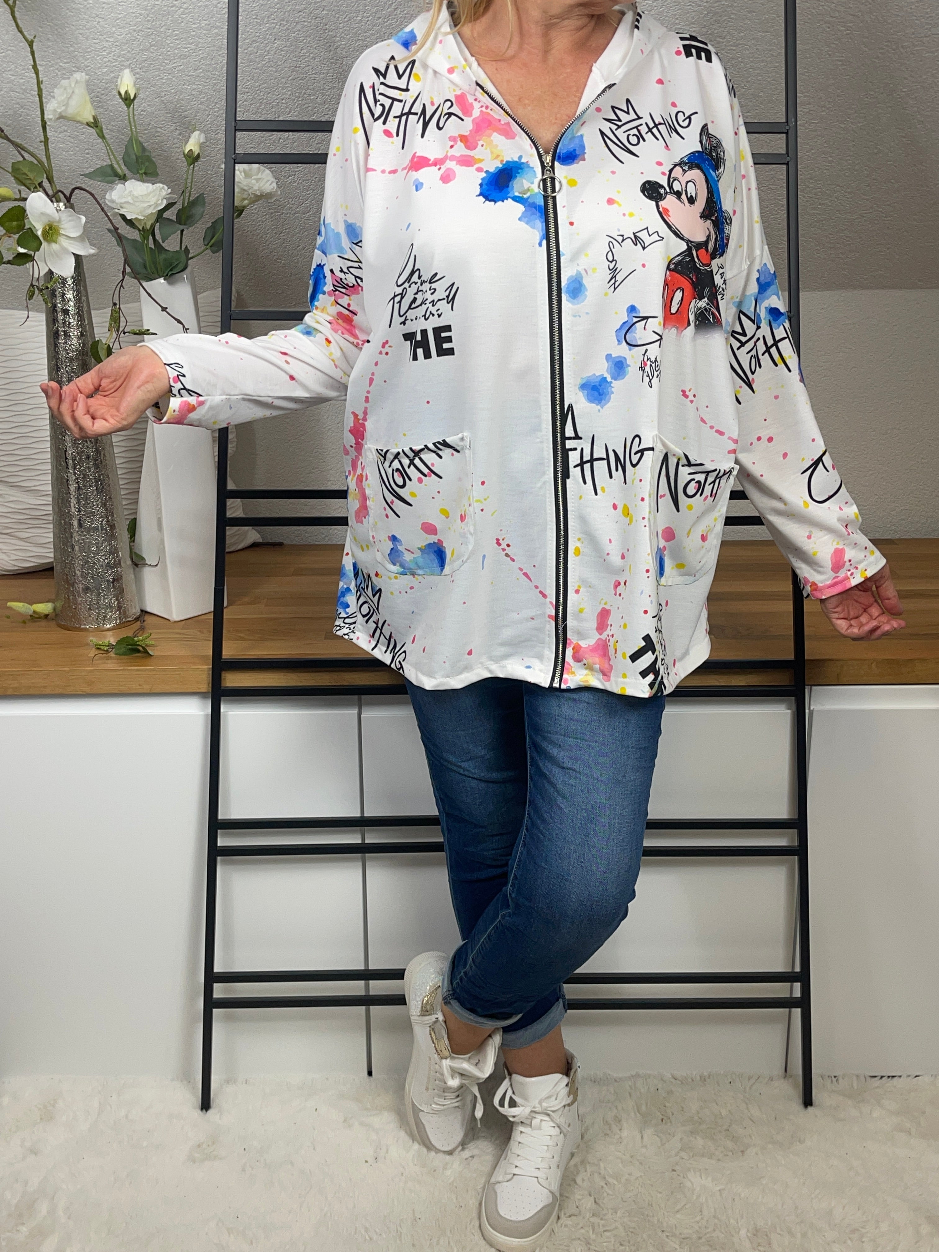 Edle leichte Damen Blusen  - Jacke „Mickey“ mit Kapuze Einheitsgrösse Gr. 38 - 44 in 3 Varianten