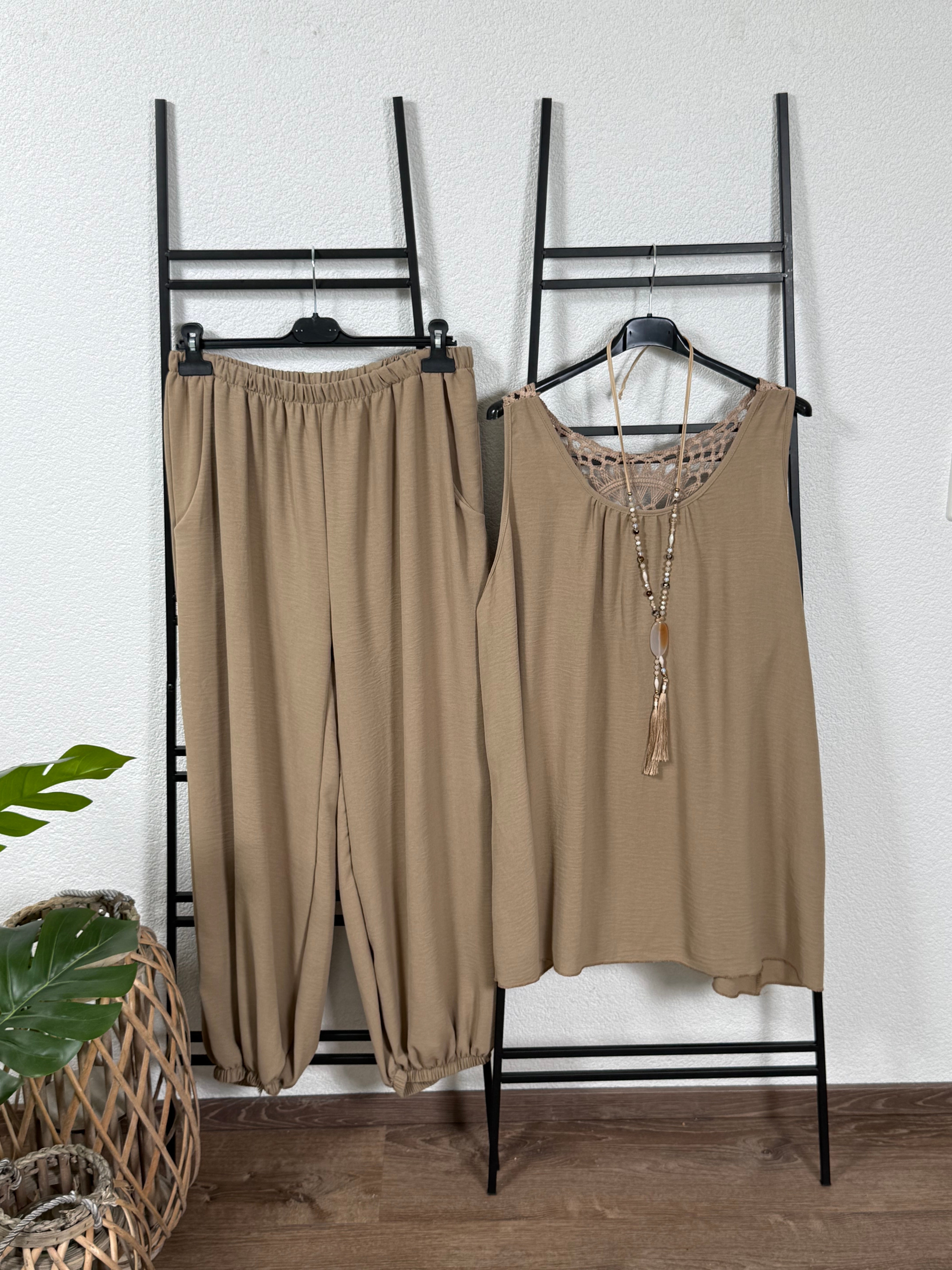 2 tlg. Kombination - Weite Hose und Top mit Spitze in vielen Farben