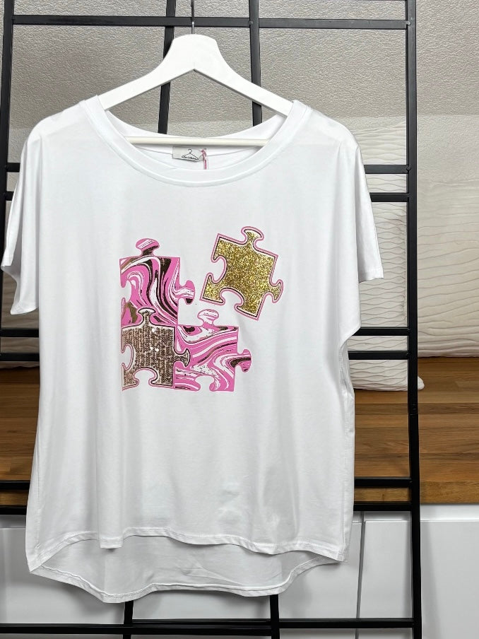 !!!!KEINE RETOURE MÖGLICH!!!! Damen - T - Shirt „Puzzle“ Einheitsgrösse Gr. 36 - 44 in weiß- bunt