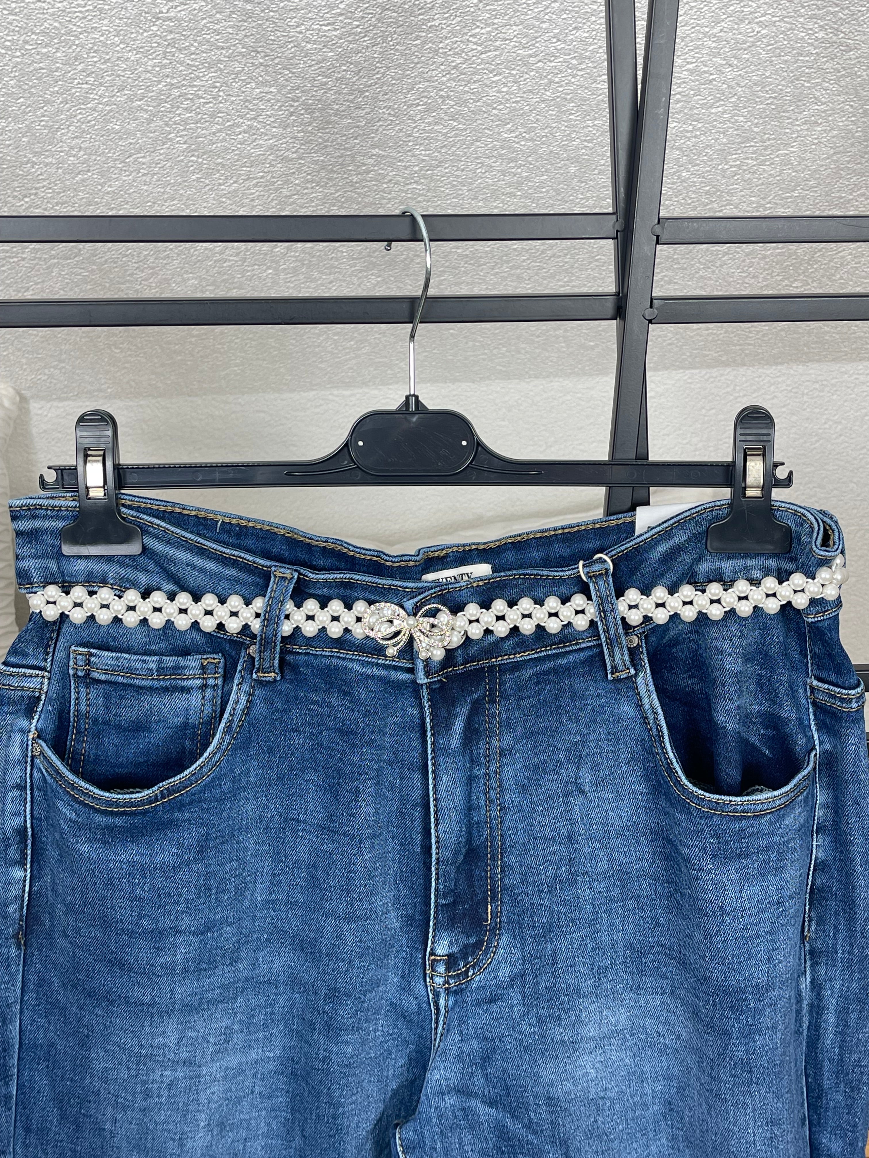 Damen Jeans mit elegantem „Perlengürtel“ Gr. 38 - 48 in blau