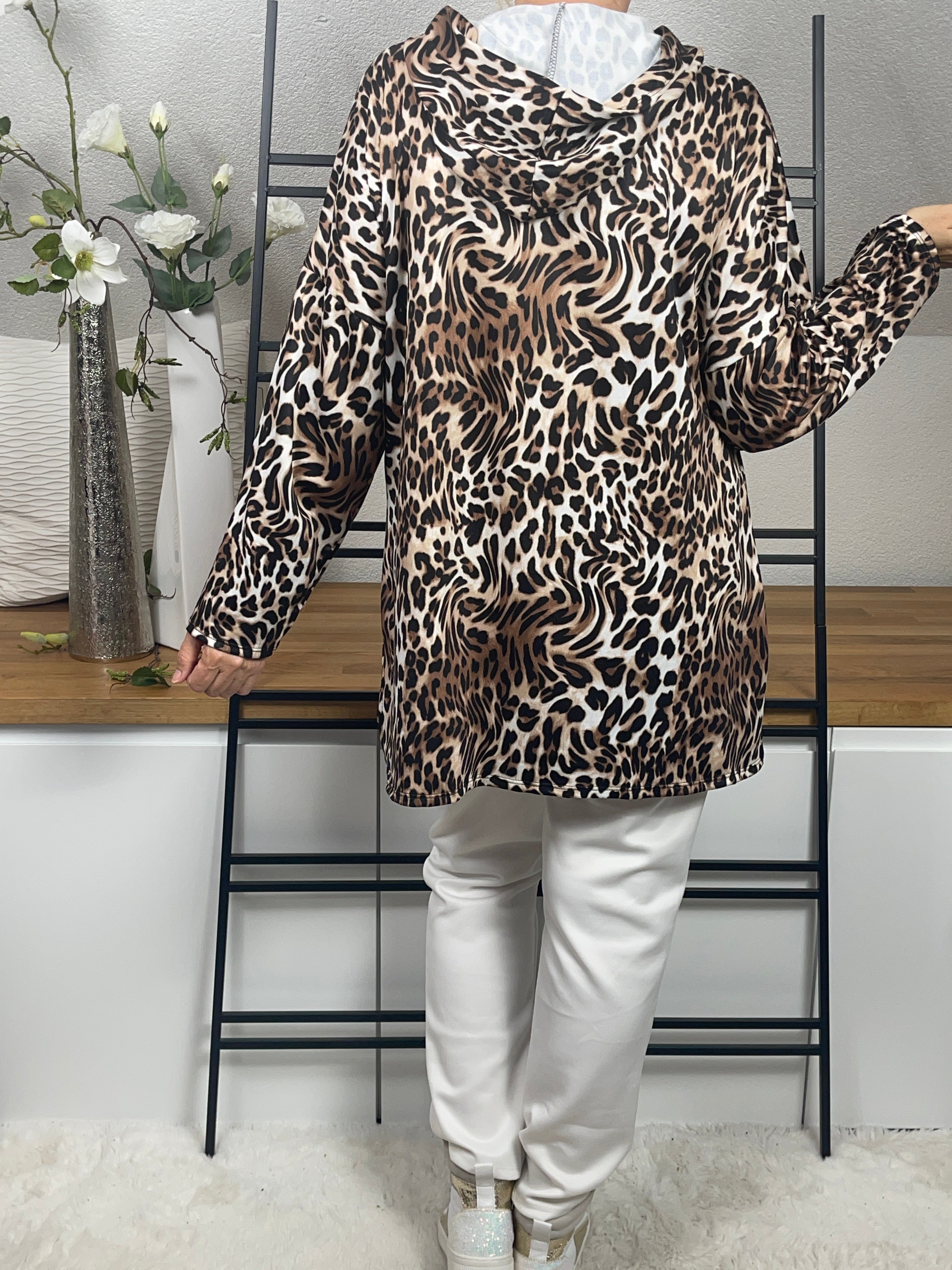 Hochwertige Damen Tunika mit Kapuze „Animal Print“ Einheitsgrösse Gr. 42 - 46 in weiß - braun - schwarz