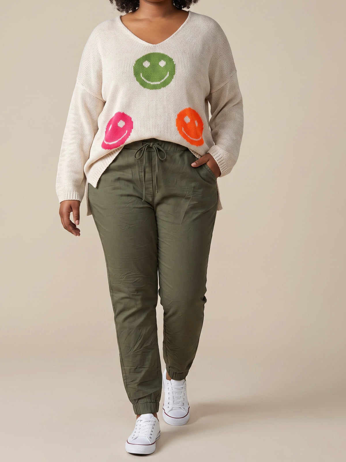 Goldiger Strick - Pullover „Smile“ in creme - bunt