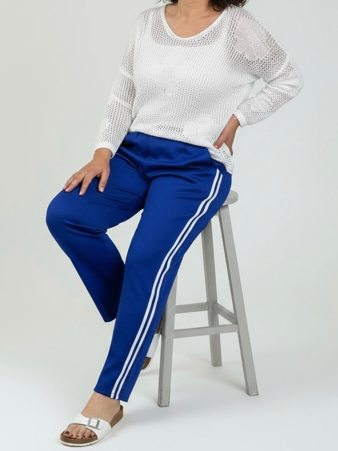 Elastische Bundfalten - Hose mit Galonstreifen und Gürtel in 2 Farben