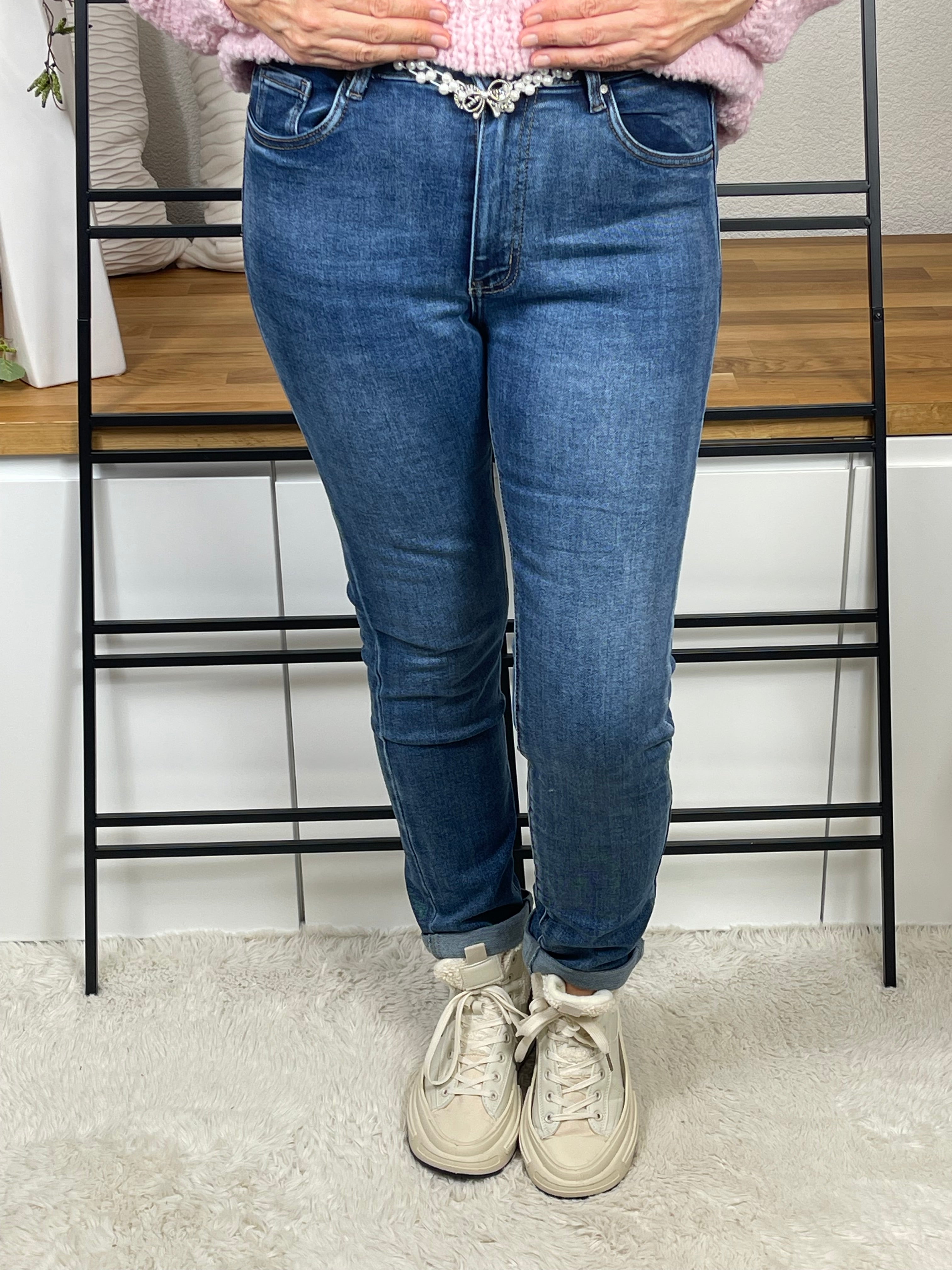 Damen Jeans mit elegantem „Perlengürtel“ Gr. 38 - 48 in blau