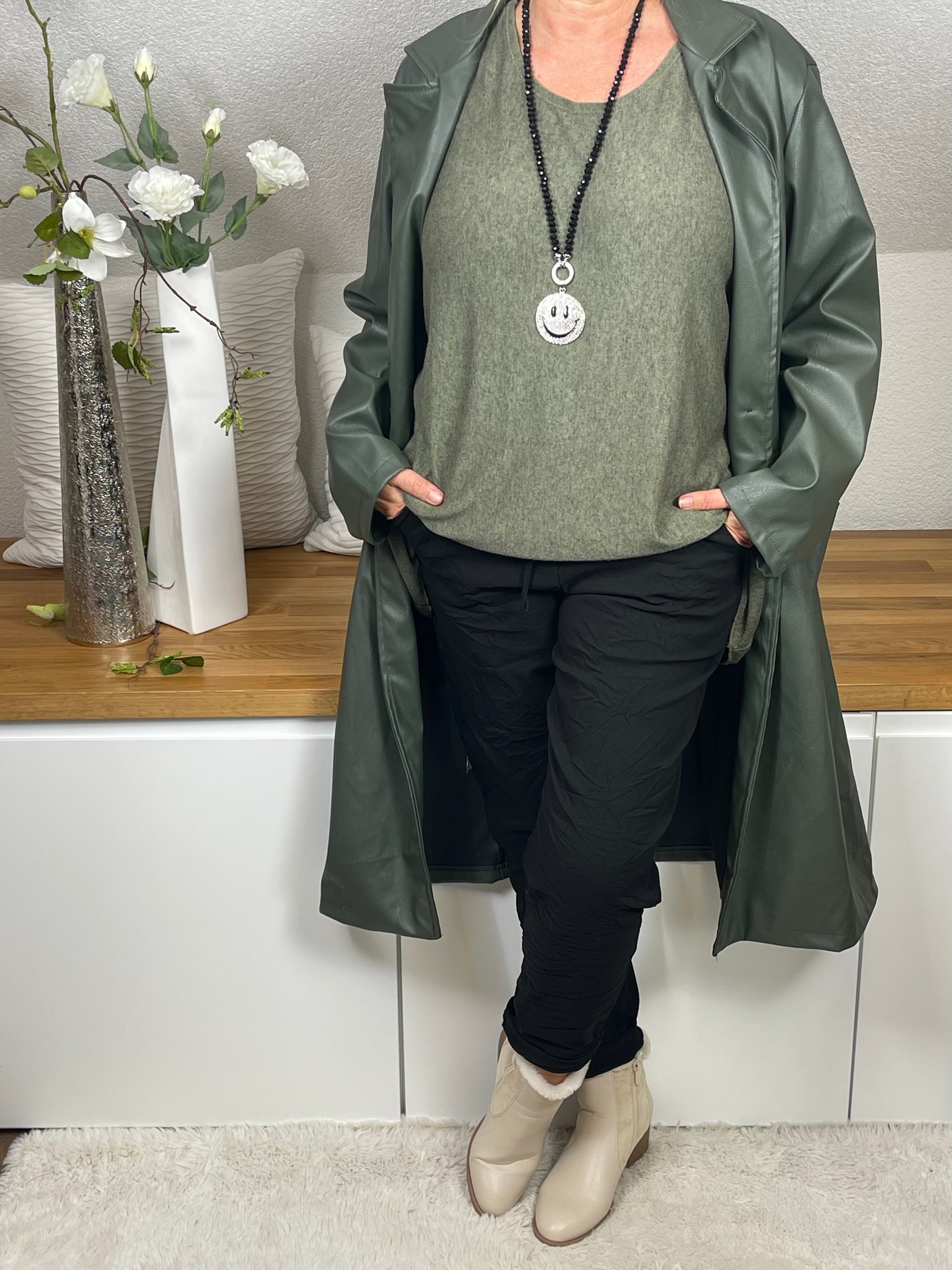 Eleganter Damen Lederimitat - Mantel Einheitsgrösse Gr. 42- 48 in 3 Farben