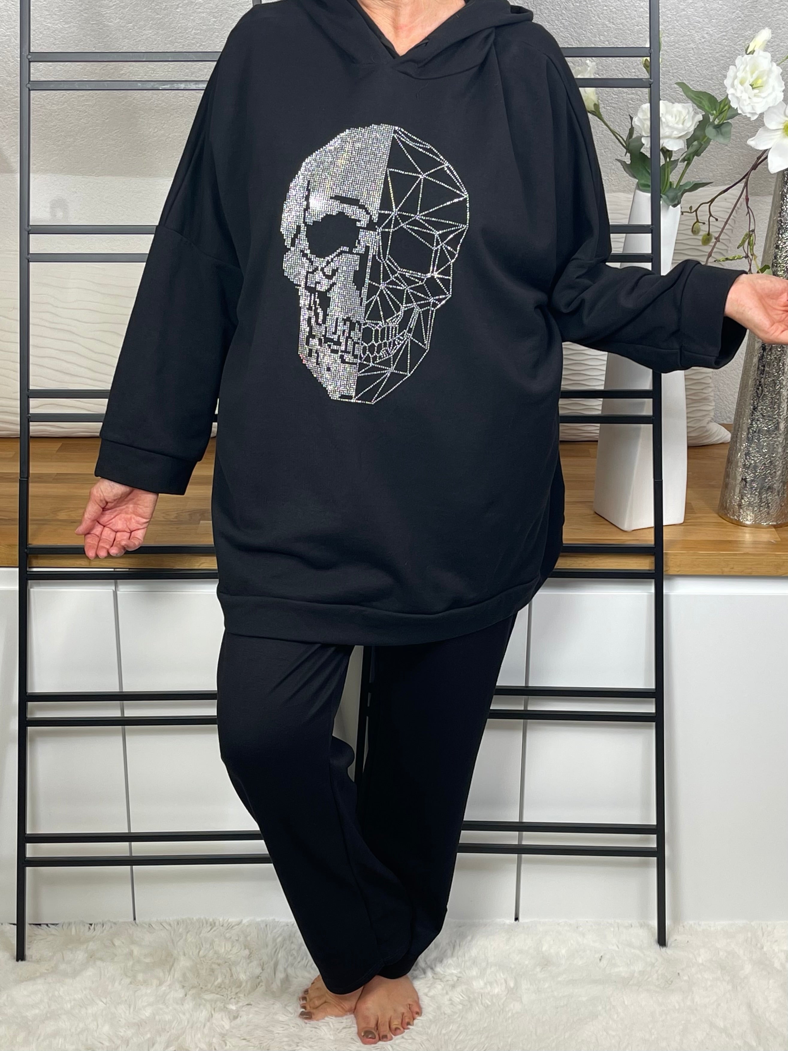 Damen Hoodie „Skull“ mit Glitzer und Pailletten Einheitsgrösse Gr. 42 - 48 in schwarz