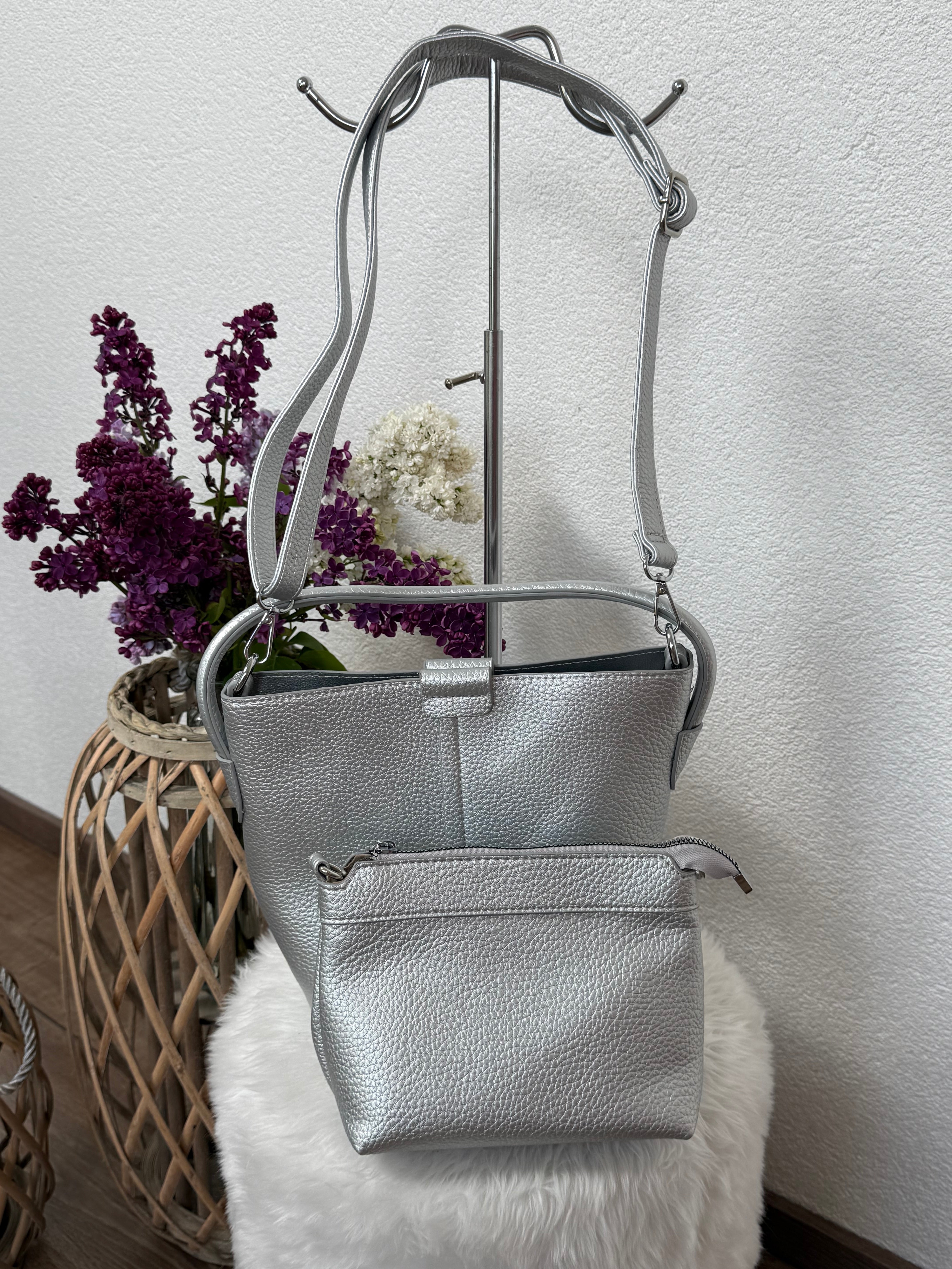 2 tlg. elegante Schulter - Tasche in silber