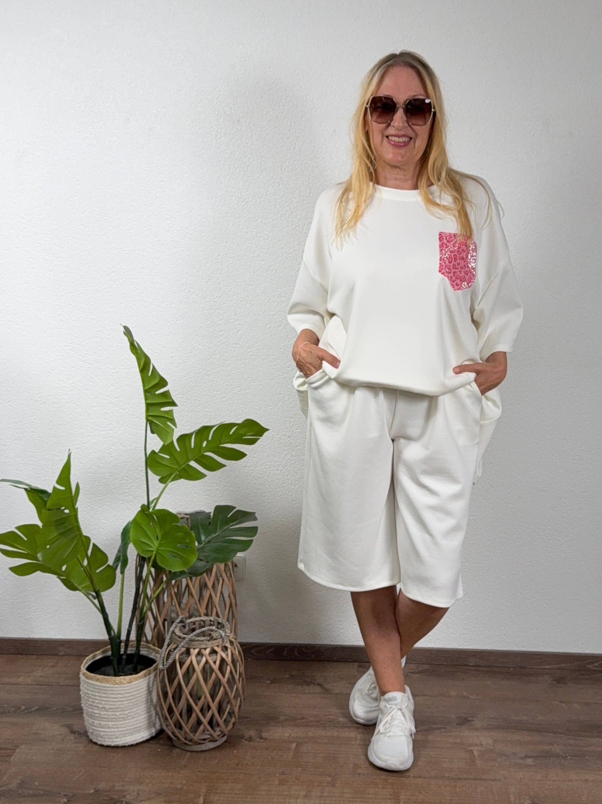 2 tlg. Kombination - „Fluffi“ 3/4 Hose und T - Shirt Einheitsgröße Gr. 46 - 54 in weiß