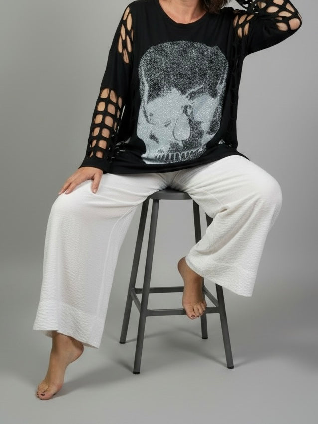 Long Shirt mit Glitzer „Skull" und Cut Out Ärmeln in 4 Farben