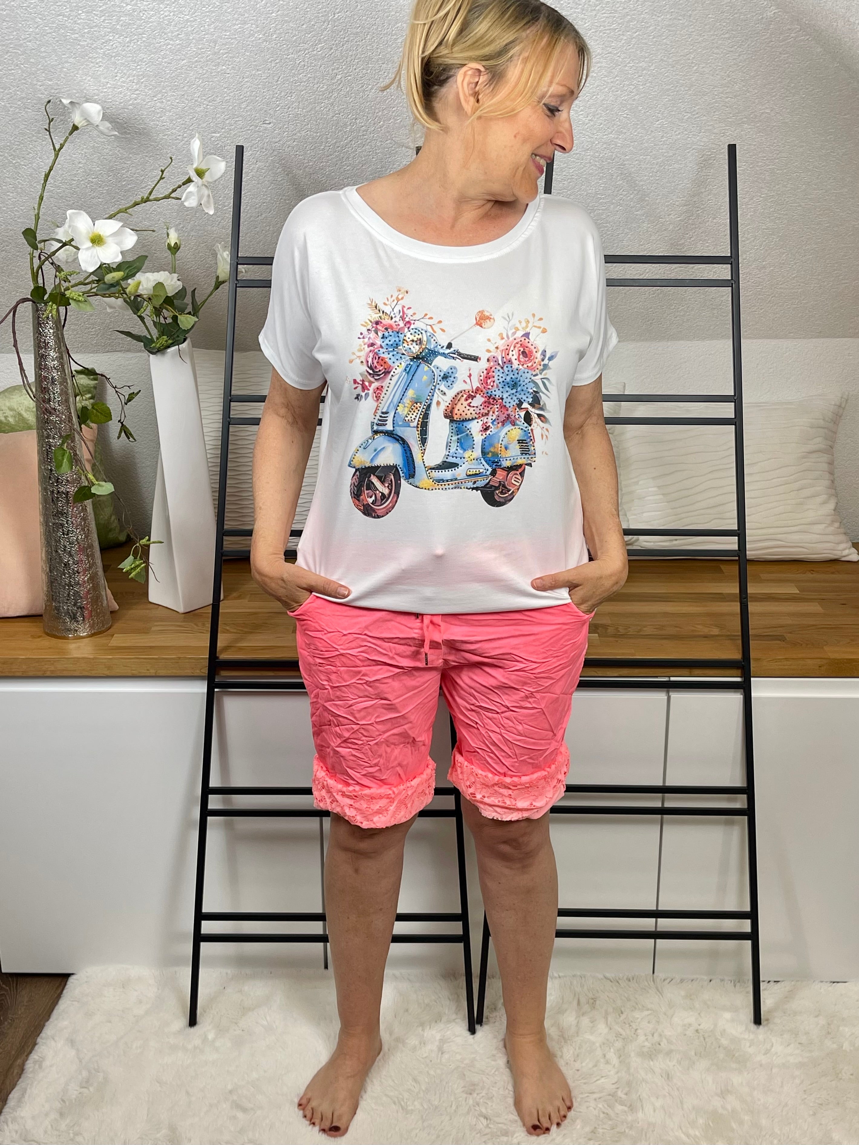 !!!!KEINE RETOURE MÖGLICH!!!! Damen 3/4 Jogpant - Short mit Spitze Einheitsgröße Gr. 42 - 48 in Neonkoralle