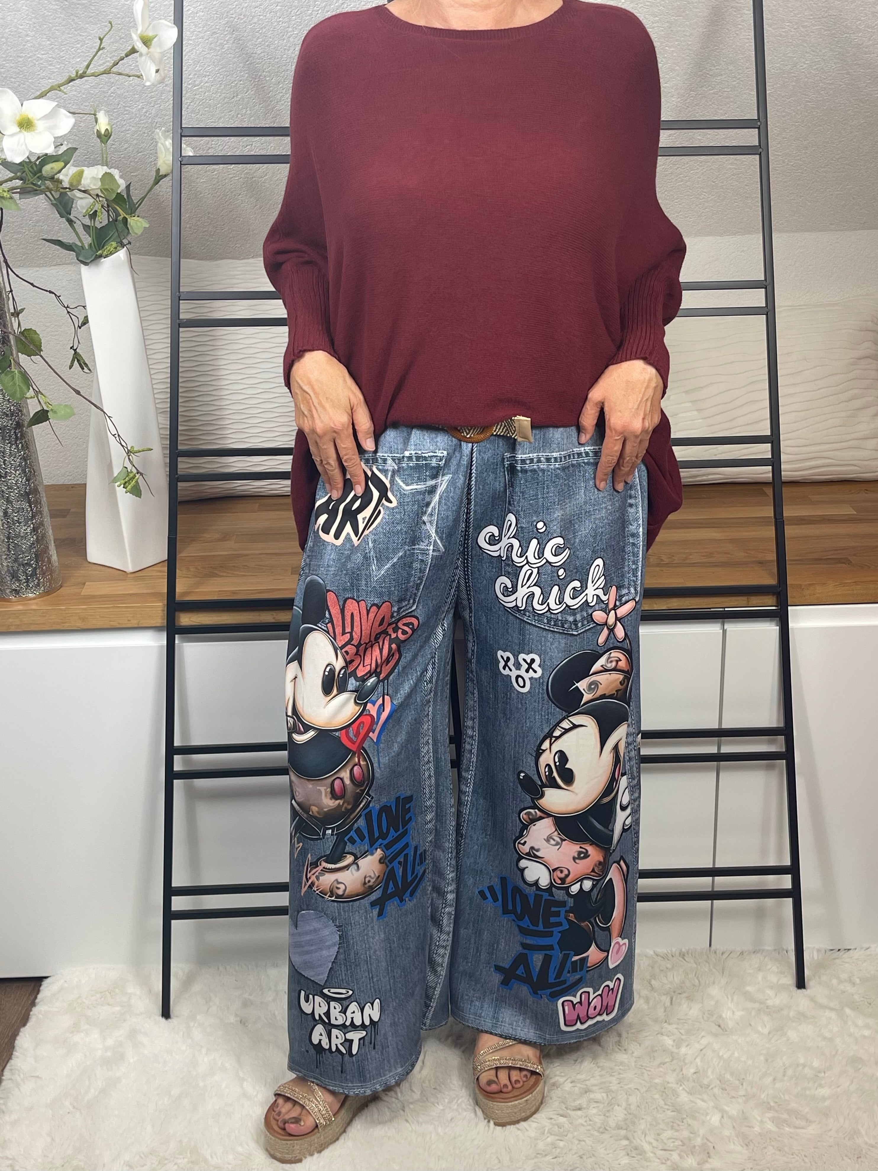 !!!!KEINE RETOURE MÖGLICH !!!!Elegante weite Damen - Jogpant „Mickey - Minney“ mit „3 D“ Effekt Einheitsgrösse Gr. 44 - 54 in 5 Varianten