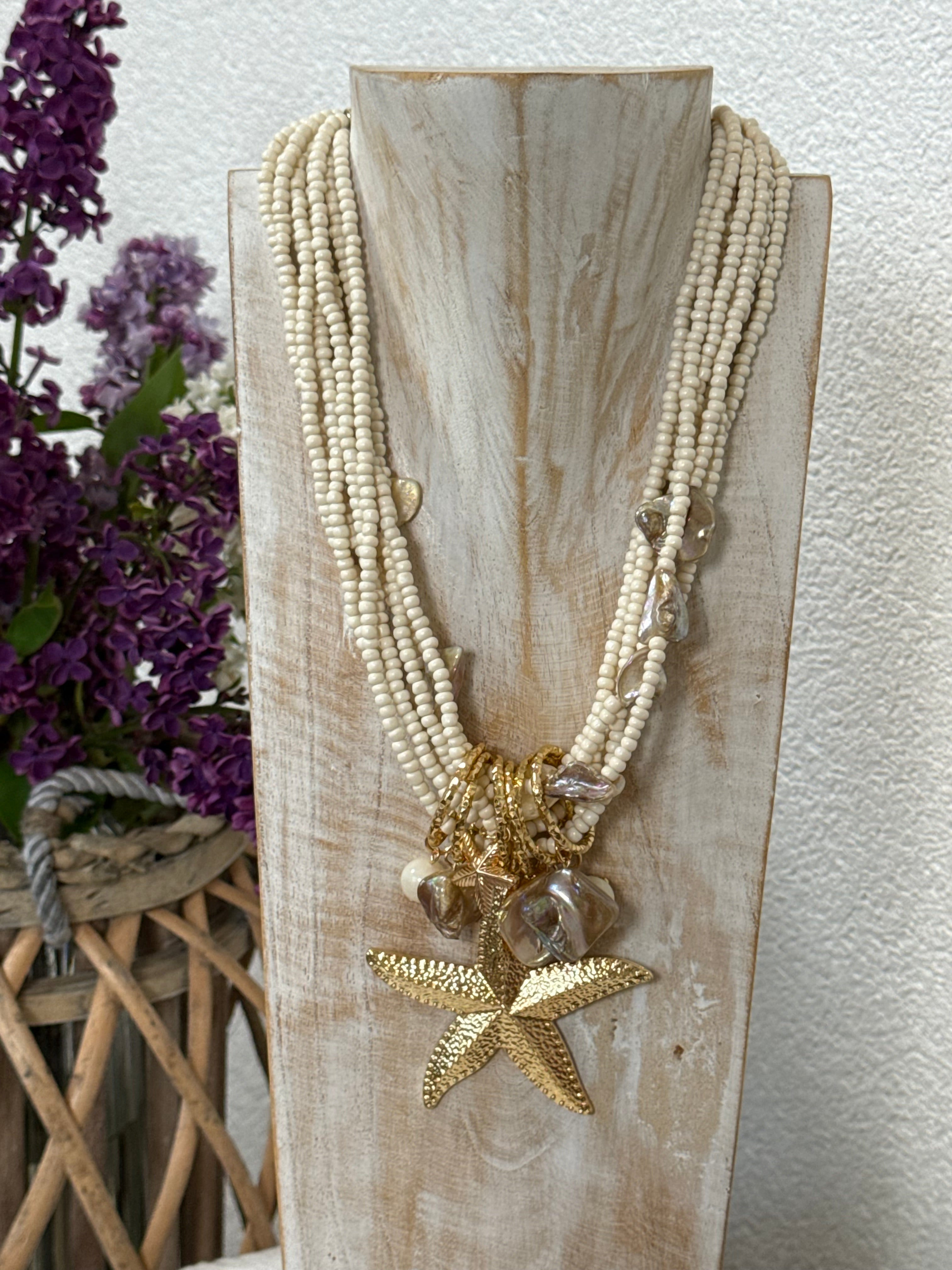 Boho - Muschel - Perlen - Kette in weiß - gold in 3 Motiven