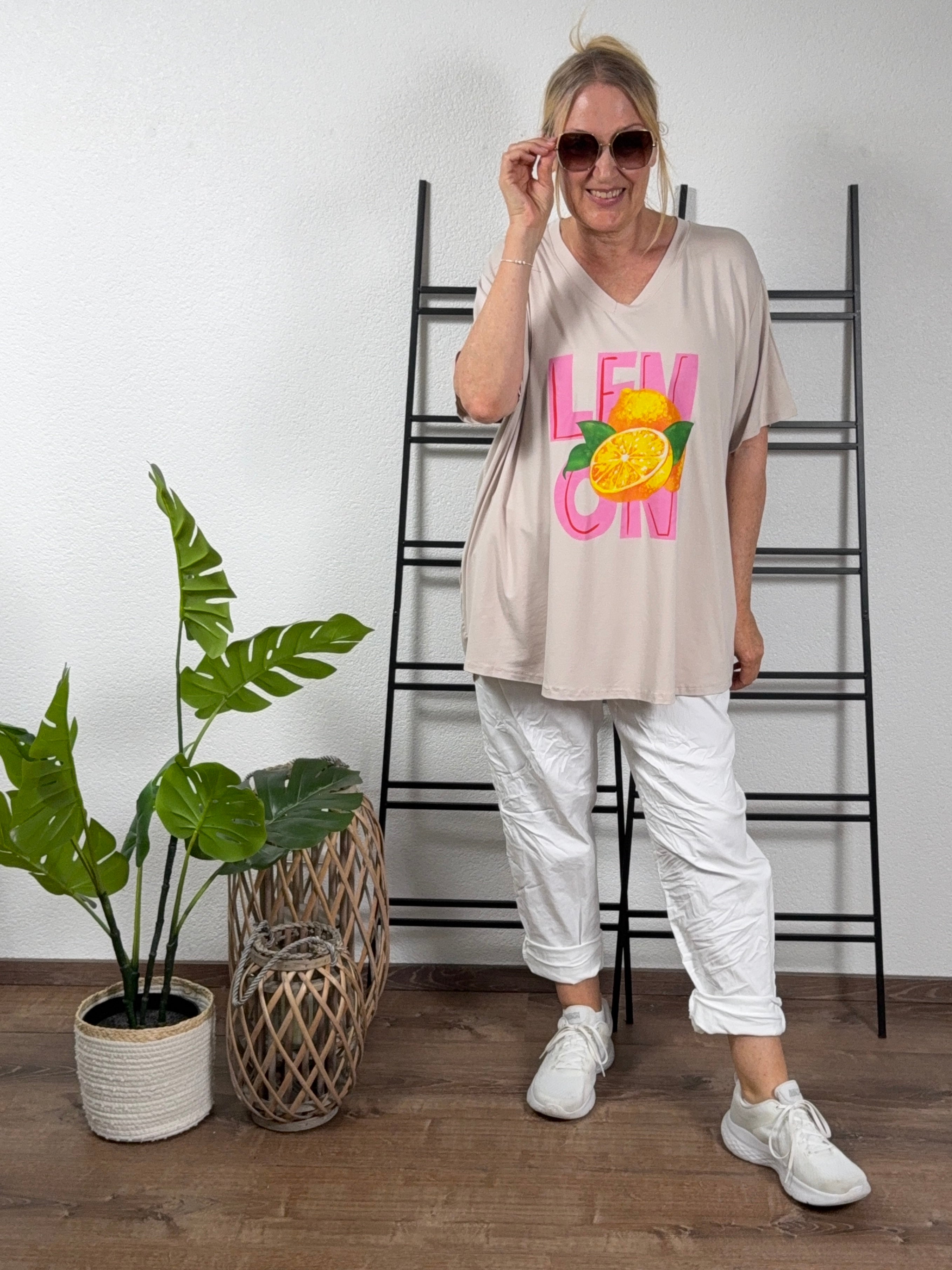 V - Shirt Kurzarm mit „Lemon Print“ Einheitsgröße Gr. 42–48 in vielen Farben