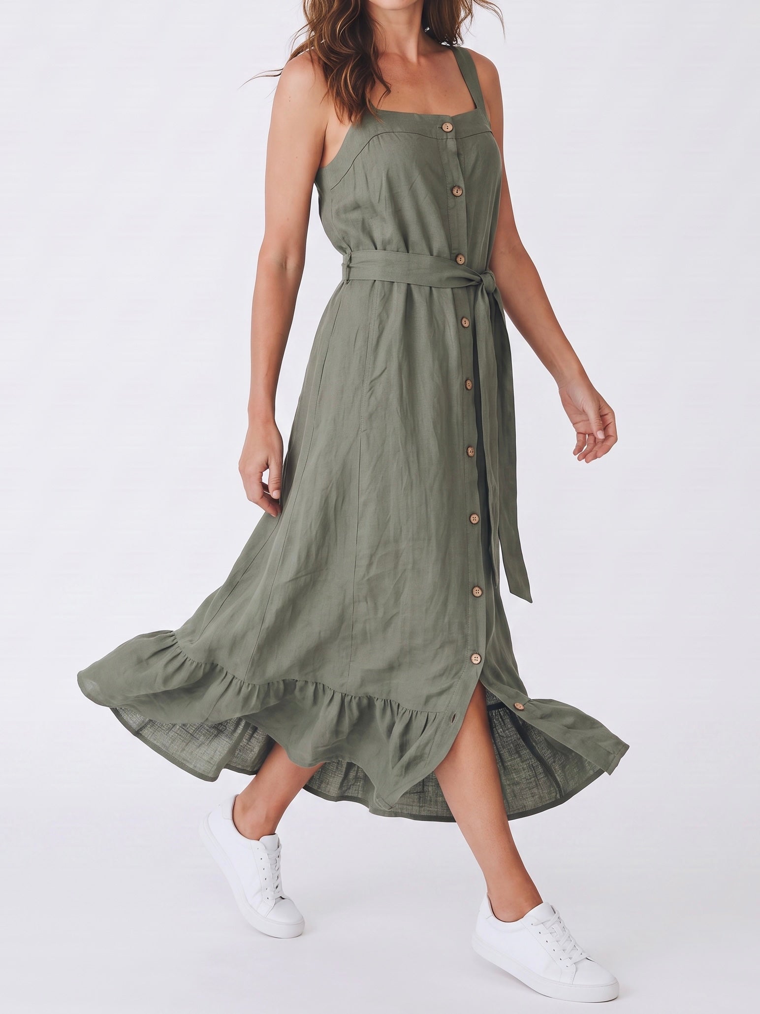 Leinenkleid mit Bindegürtel und Volant in 2 Farben
