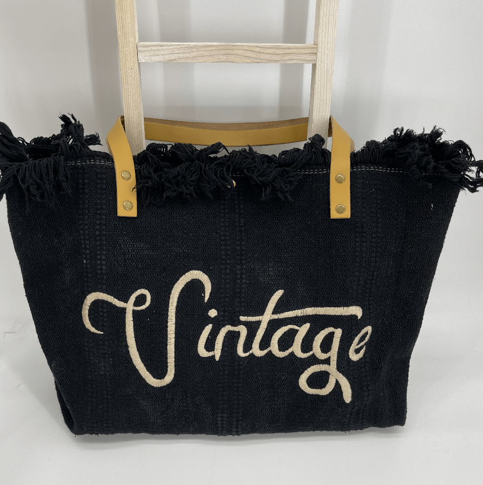 Leinen - Tasche „Vintage“ handgestickt mit Lederhenkel