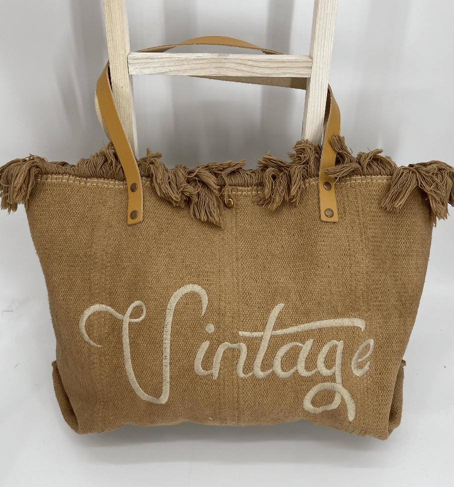 Leinen - Tasche „Vintage“ handgestickt mit Lederhenkel