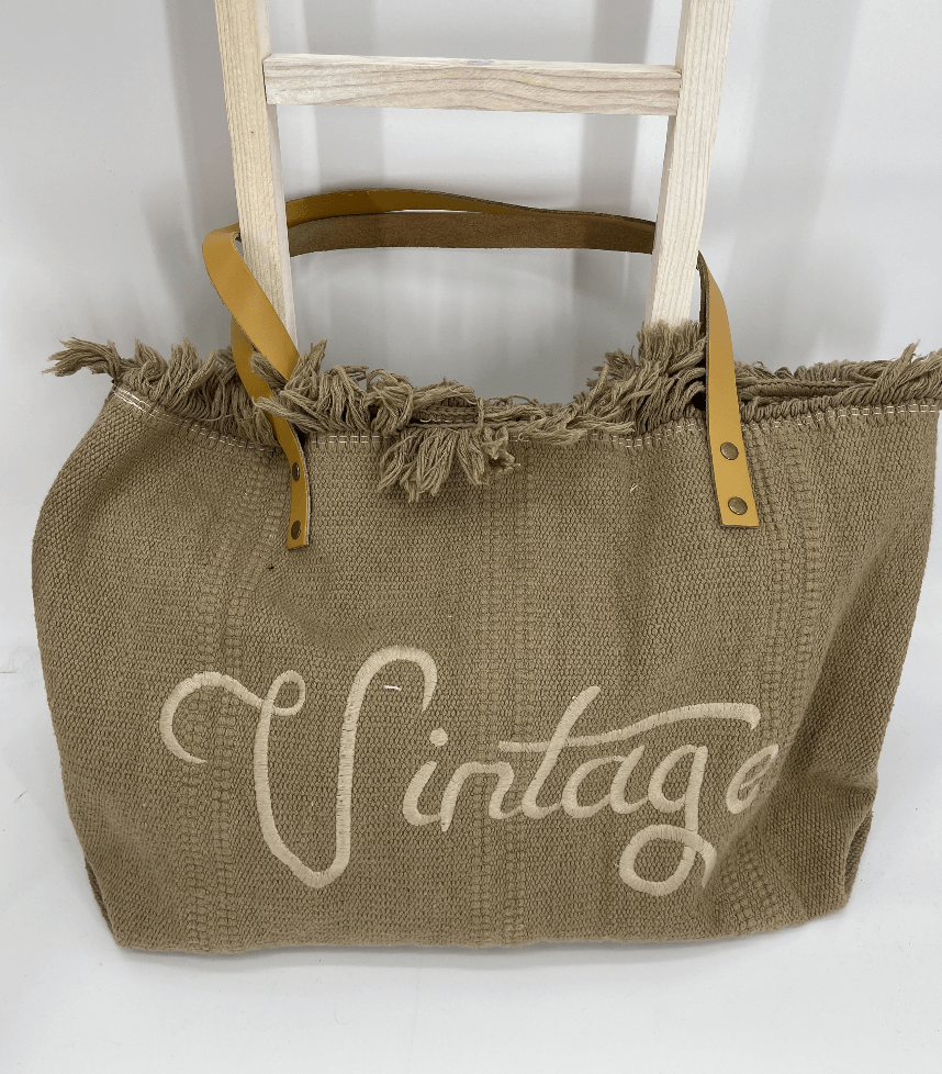 Leinen - Tasche „Vintage“ handgestickt mit Lederhenkel