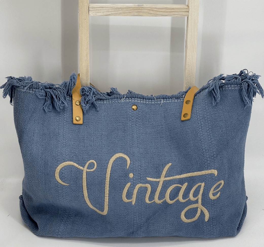 Leinen - Tasche „Vintage“ handgestickt mit Lederhenkel