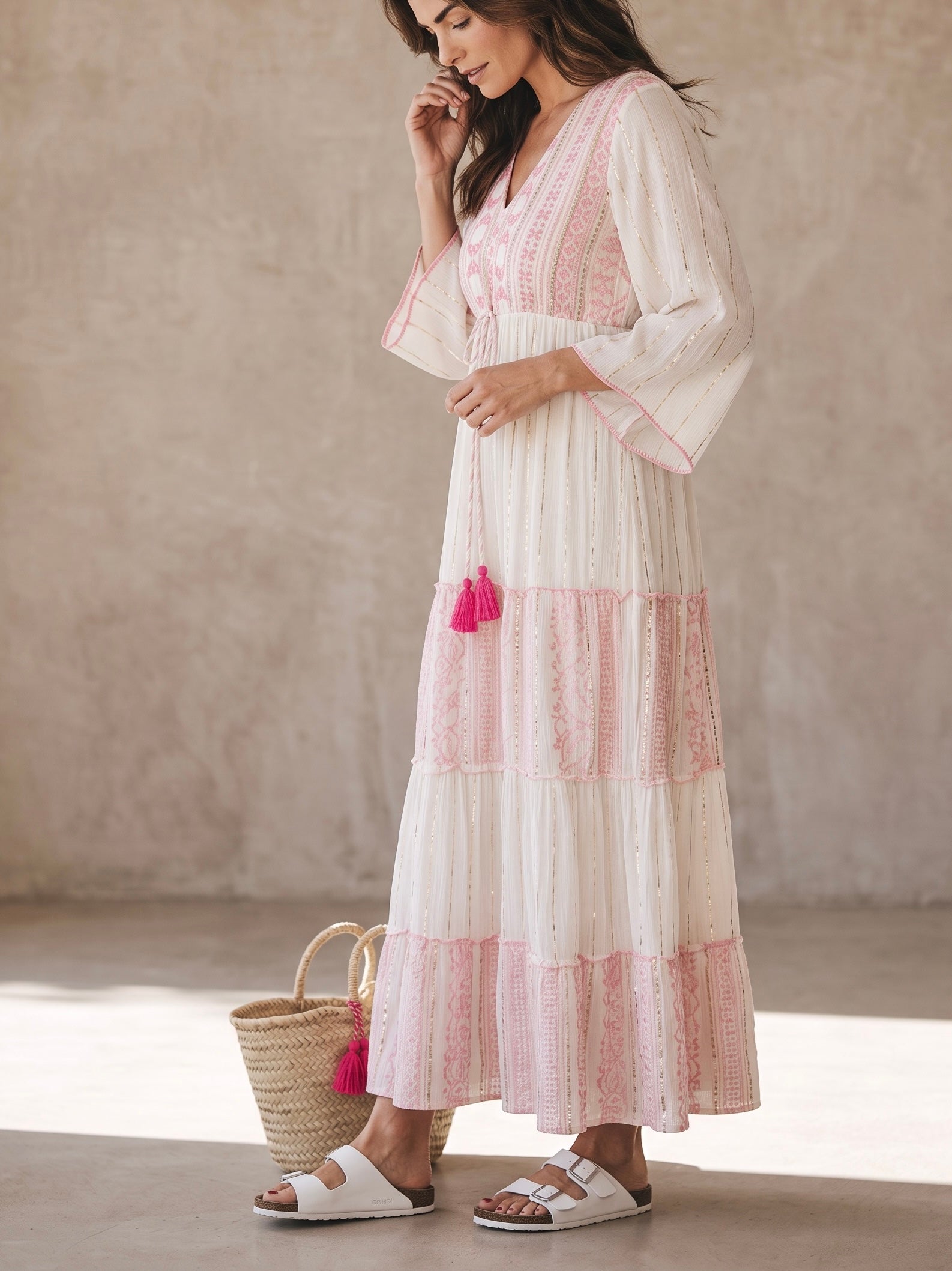 „Boho“ Maxi - Kleid mit Stickerei in creme - rose